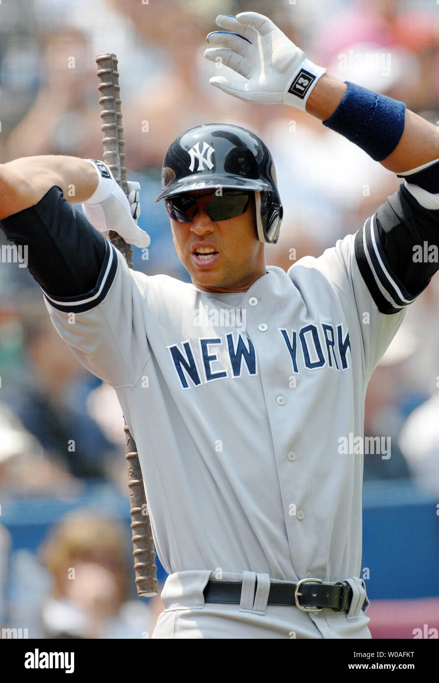 New York Yankees' Alex Rodriguez warms up in the on-deck circle during  first inning action against the Toronto Blue Jays at the Rogers Center in  Toronto, Canada on August 6, 2007. The