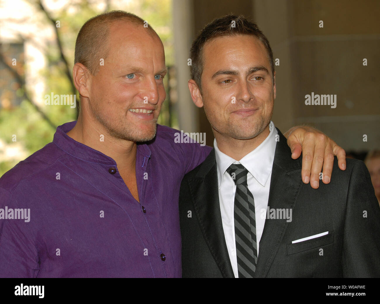 Actor Woody Harrelson (L) and director Stuart Townsend arrive at the Ryerson Theater for the world premiere of 'Battle in Seattle' during the Toronto International Film Festival in Toronto, Canada on September 8, 2007. (UPI Photo/Christine Chew) Stock Photo