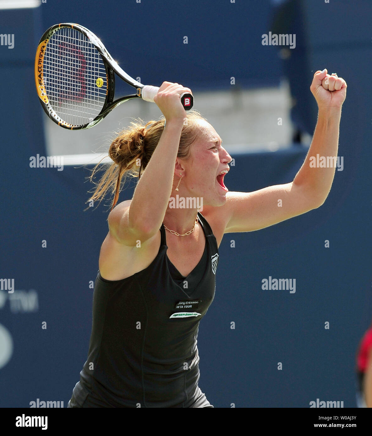 Kateryna Bondarenko of the Ukraine celebrates after defeating third seed Venus Williams 1-6, 7-5, 6-4 during the second day of Rogers Cup singles action at the Rexall Center in Toronto, Canada on August 18, 2009.   UPI /Christine Chew Stock Photo