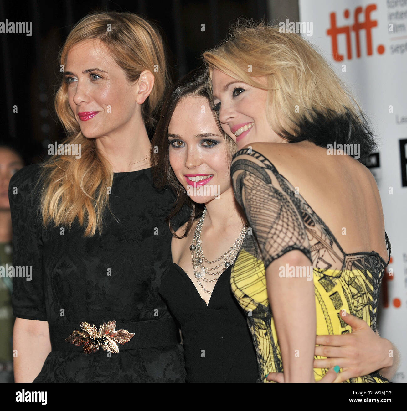 (R-L) Drew Barrymore, Ellen Page and Kristen Wiig arrive for the world premiere of Barrymore's directorial debut 'Whip It' at the Ryerson Theater during the Toronto International Film Festival in Toronto, Canada on September 13, 2009.  UPI /Christine Chew Stock Photo