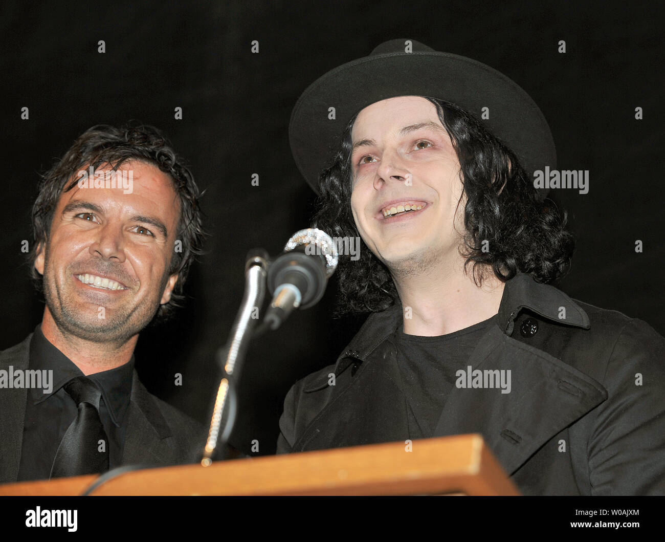 White Stripes' Jack White (R) and director Emmett Malloy greet the audience before the world premiere screening of the documentary 'The White Stripes: Under Great White Northern Lights' during the Toronto International Film Festival at the Elgin Theater in Toronto, Canada on September 18, 2009.  UPI /Christine Chew Stock Photo