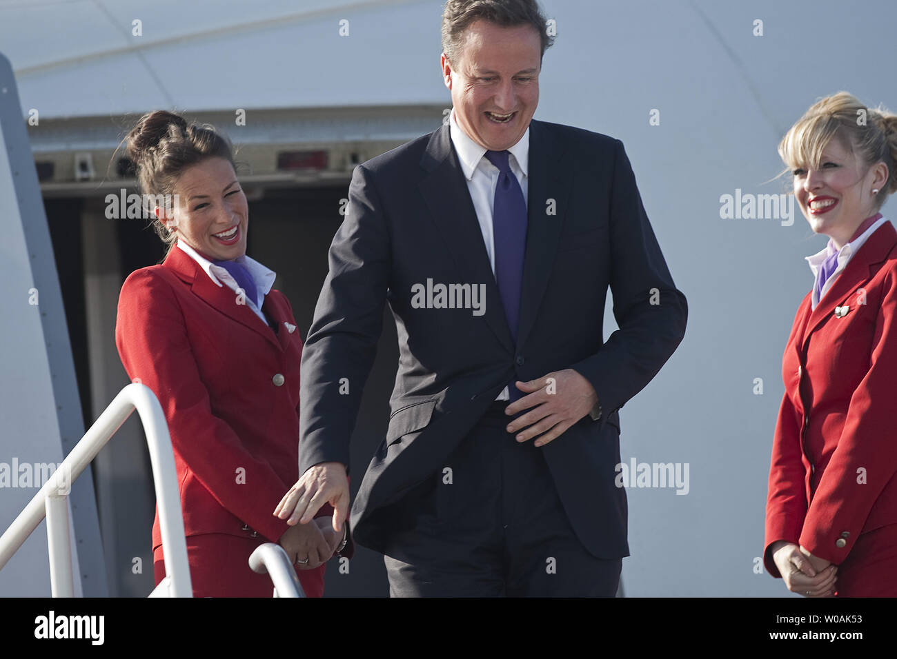 The Prime Minister of Great Briton David Cameron arrives on Virgin Atlantic Airlines at Toronto International Airport, June 24, 2010 to attend the G8, G20 Summits in Huntsville and Toronto, Ontario, Canada.   UPI/Heinz Ruckemann. Stock Photo