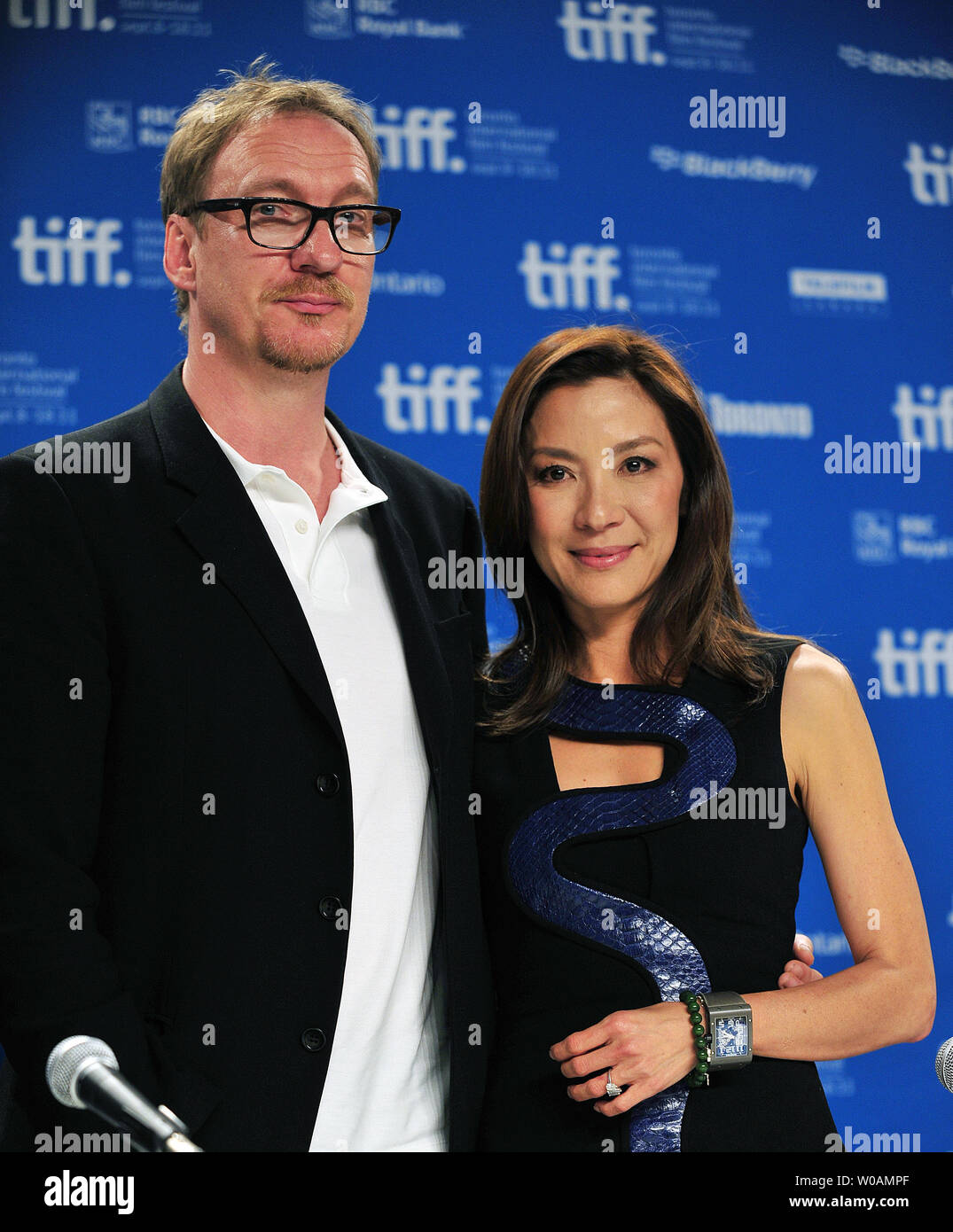 Actors Michelle Yeoh (R) and David Thewlis attend a press conference for 'The Lady' at the TIFF Bell Lightbox during the Toronto International Film Festival in Toronto, Canada on September 12, 2011.  UPI/Christine Chew Stock Photo