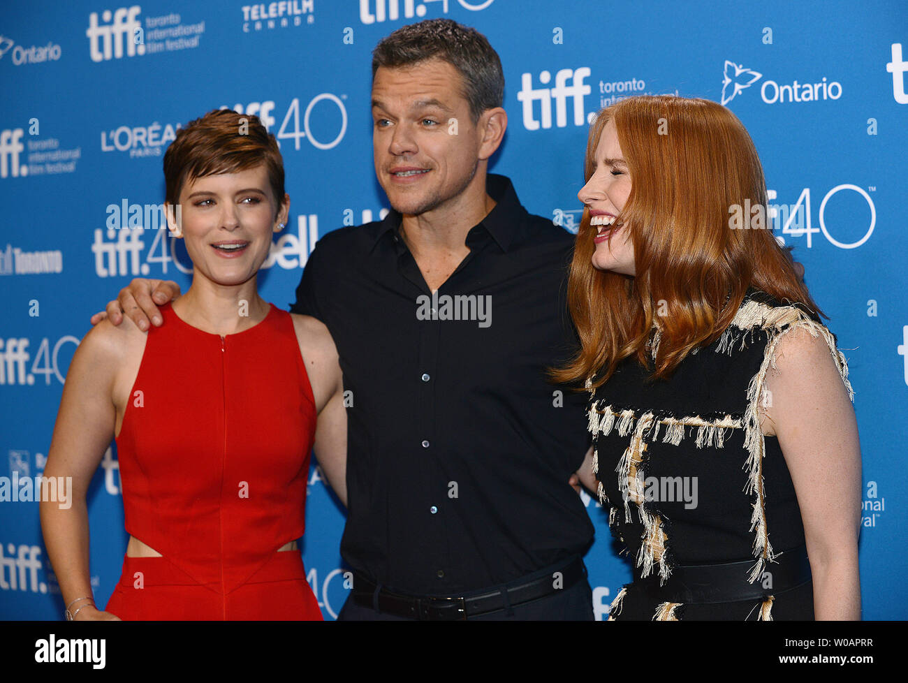 (LR) Kate Mara, Matt Damon and Jessica Chastain attend the photocall