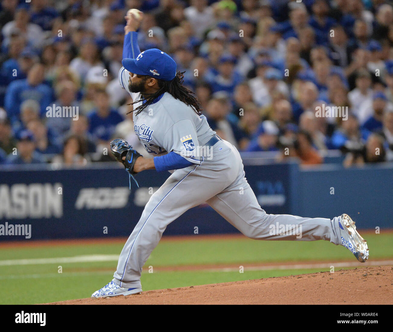 Kansas City Royals starting pitcher Johnny Cueto throws against the Toronto Blue Jays during the first inning in the ALCS game 3 at the Rogers Centre in Toronto, Canada on October 19, 2015.   Photo by Kevin Dietsch/UPI Stock Photo
