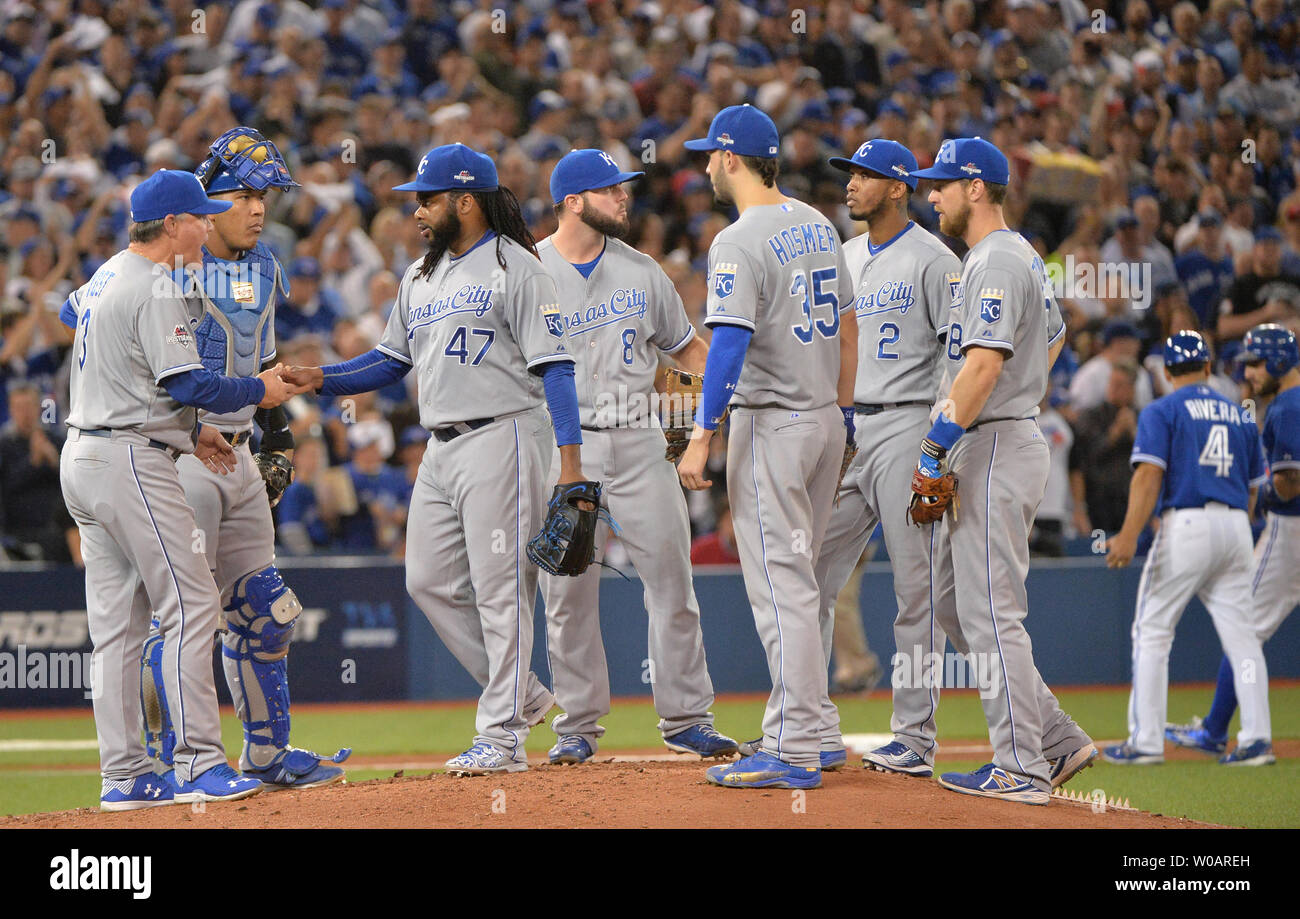 Kansas City Royals manager Ned Yost (L) relieves starting pitcher Johnny Cueto (47) during the third inning against the Toronto Blue Jays in the ALCS game 3 at the Rogers Centre in Toronto, Canada on October 19, 2015.   Photo by Kevin Dietsch/UPI Stock Photo