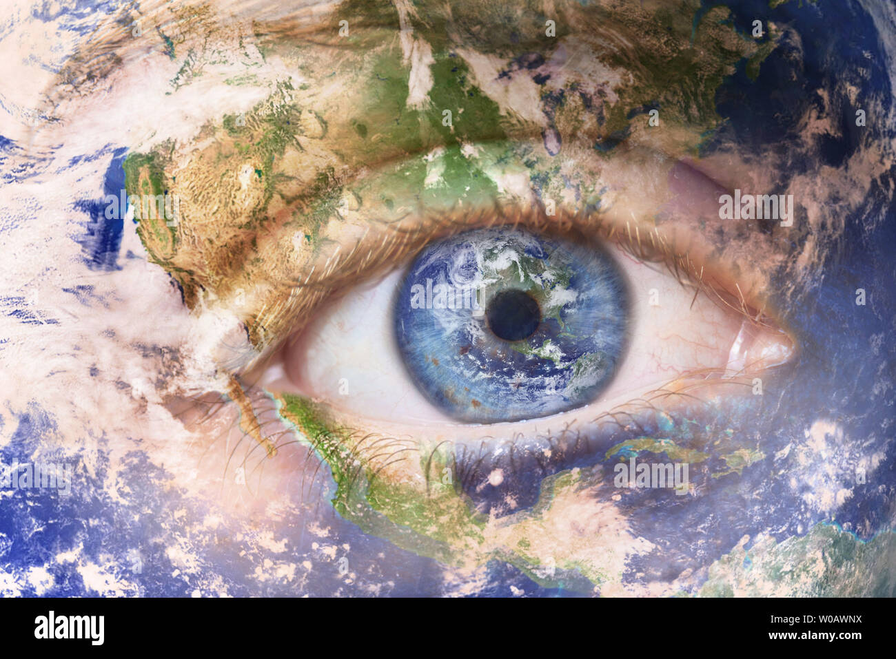 Awake Earth Earth awakening concept, save the planet. Close up image of woman face ...