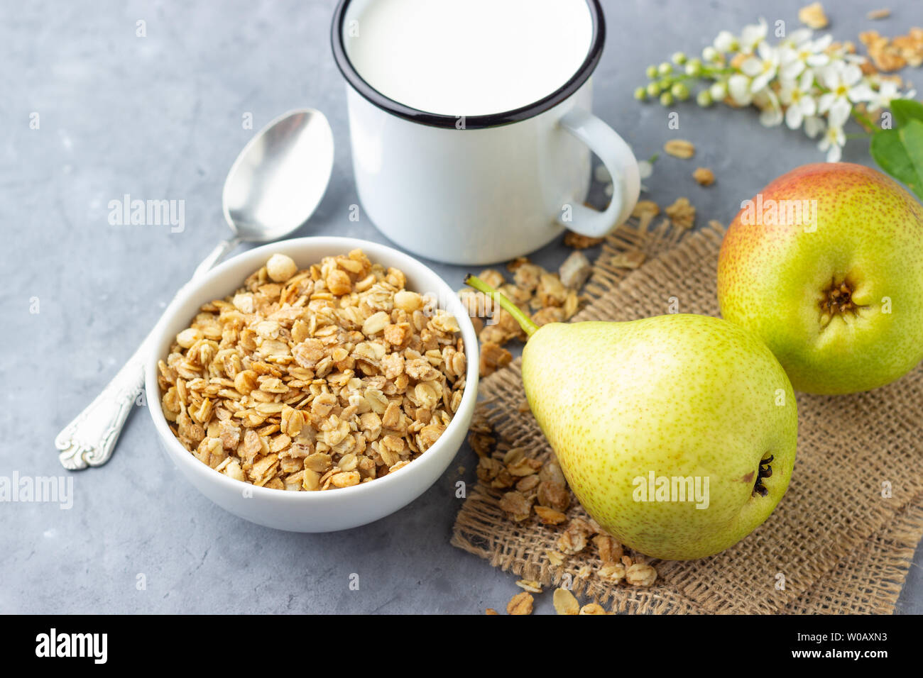 Corn choco flakes cereal in tray with milk and pear slices isolated on  black gray background, a delicious and healthy dietary breakfast. Top View  Stock Photo - Alamy