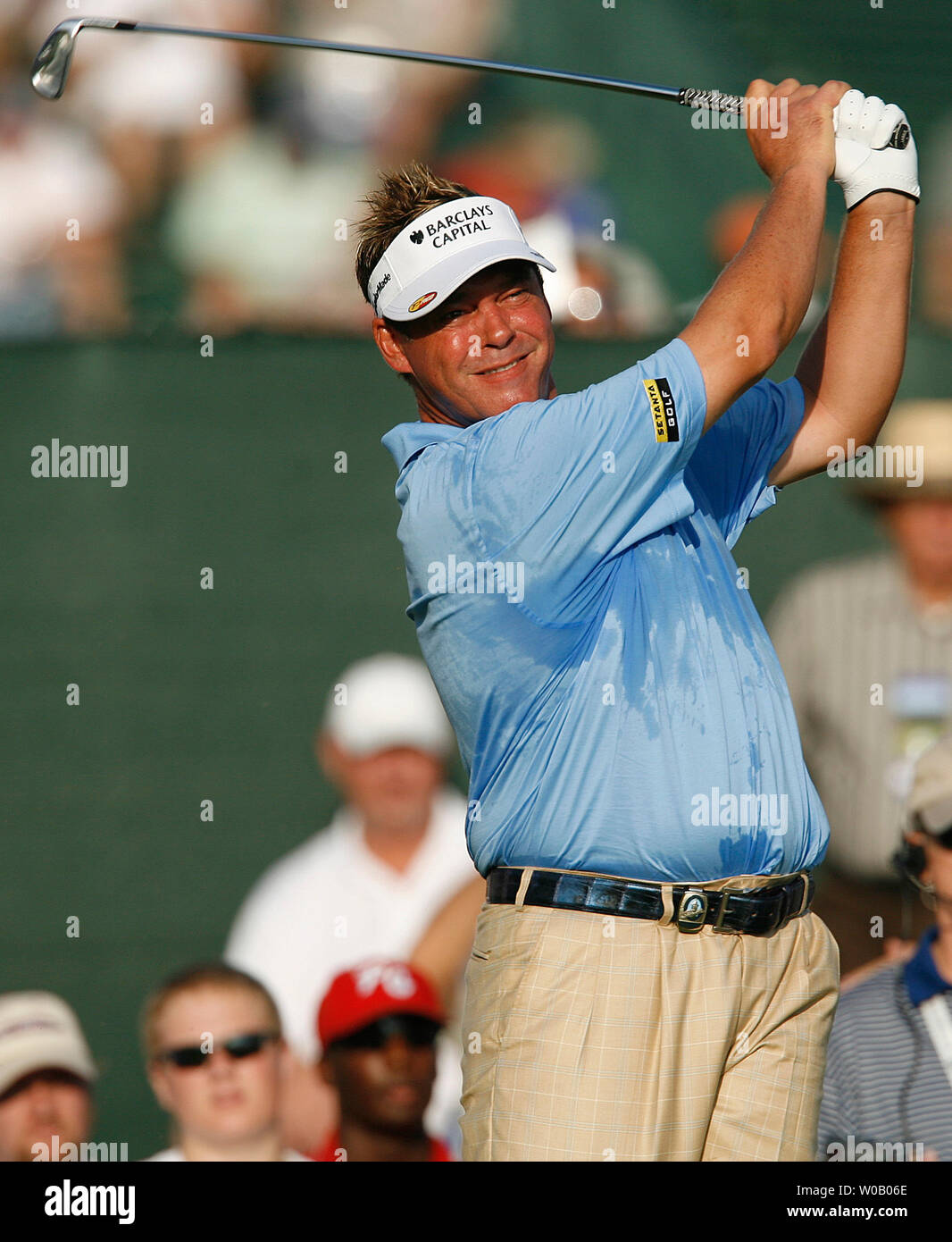 Northern Ireland's Darren Clarke shows signs of the heat facing golfers as they begin first round play during the 89th PGA Championship at Southern Hills Country Club in Tulsa, Oklahoma on August 9, 2007.   (UPI Photo/Gary C. Caskey Stock Photo