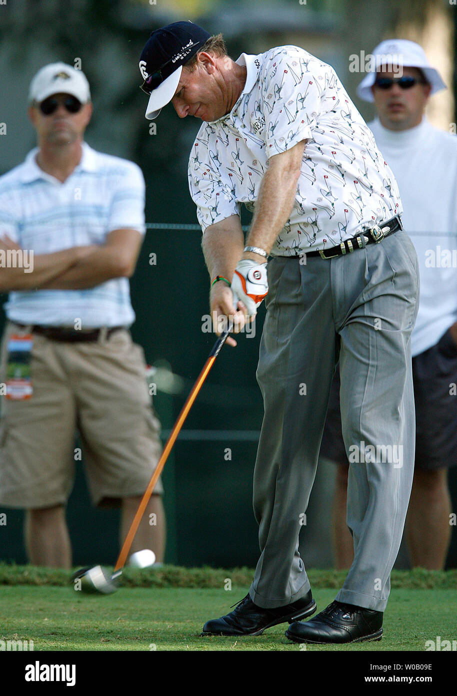 Woody Austin hits his drive on the fourth hole in the second  round of the 89th PGA Championship at Southern Hills Country Club in Tulsa, Oklahoma on August 9, 2007.   Austin is among the early leaders on day two of the PGA Championship. (UPI Photo/Gary C. Caskey) Stock Photo