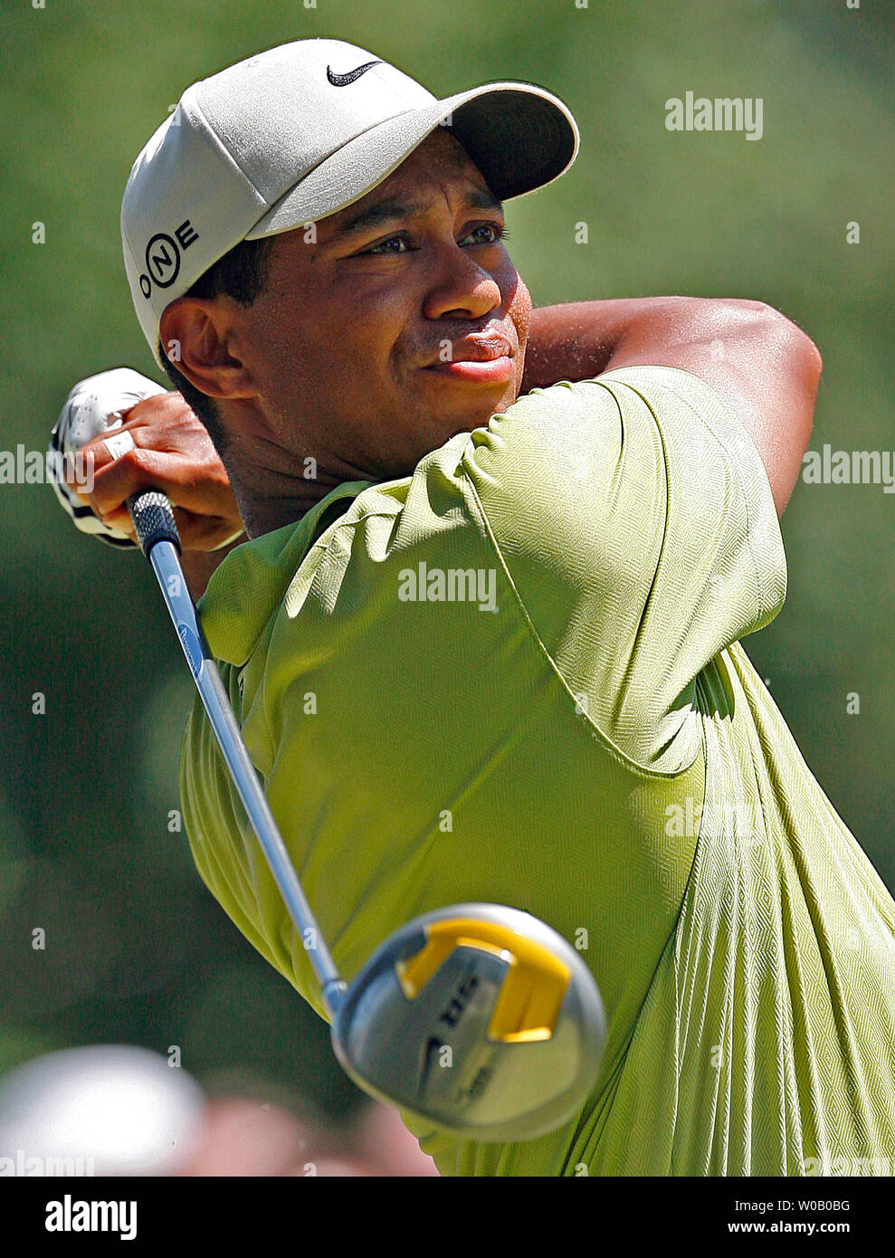 Leader Tiger Woods tees off from the second hole during the third round of the 89th PGA Championship at Southern Hills Country Club in Tulsa, Oklahoma on August 11, 2007.   (UPI Photo/Gary C. Caskey) Stock Photo