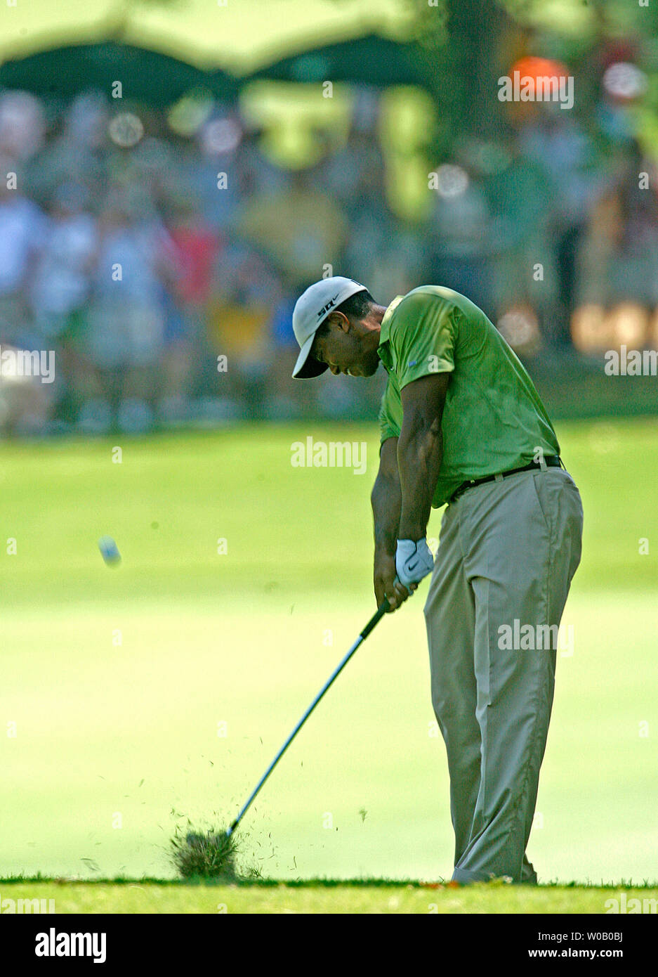 Leader Tiger Woods hits from the rough on the first hole during the third round of the 89th PGA Championship at Southern Hills Country Club in Tulsa, Oklahoma on August 11, 2007.   (UPI Photo/Gary C. Caskey) Stock Photo