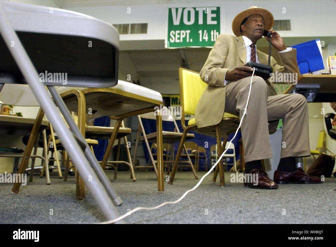 Former DC Mayor Marion Barry takes a phone call at his campaign headquarters in Southeast Washington, DC, Wednesday, September 15, 2004. Barry claimed victory over incumbent Sandy Allen during the primary for the DC City Council Ward 8 seat.  ( Jessica Tefft / The Washington Times  ) Stock Photo