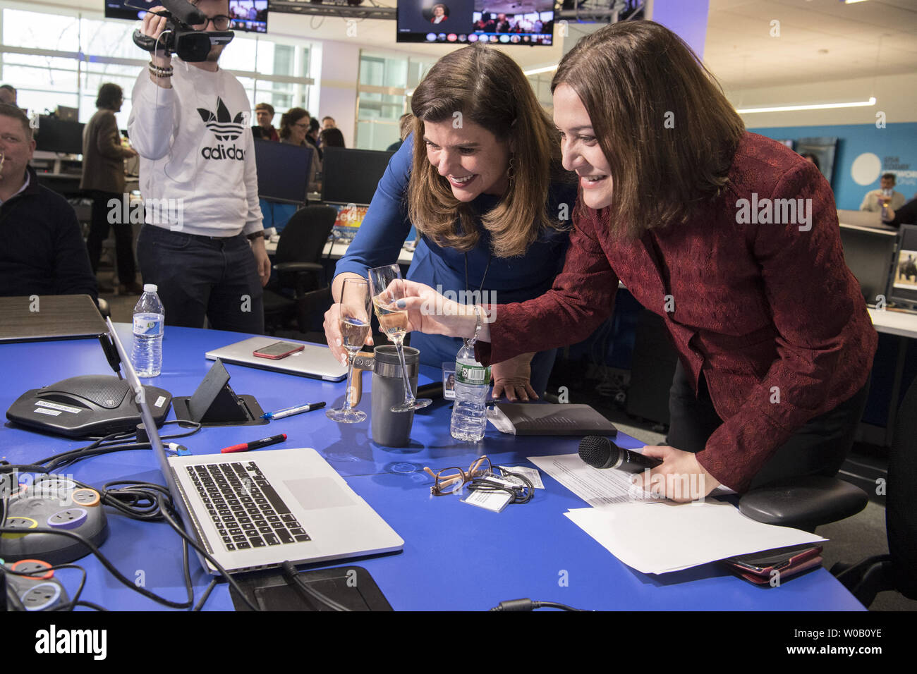 April 16, 2018; McLean, VA, USA;  Nicole Carroll, Editor in Chief of USA TODAY, left, and Maribel Perez Wadsworth, President of USA TODAY Network, and Publisher of USA TODAY, right, celebrate via Skype with colleagues at five properties across the USA TODAY Network who either won or were finalists  following the announcement of the 2018 Pulitzer Prizes. Among USA TODAY Network properties, The Arizona Republic with the USA TODAY Network won for Explanatory Reporting for The Wall, The Cincinnati Enquirer won for Local Reporting on the heroin epidemic, and Andie Dominick of The Des Moines Registe Stock Photo
