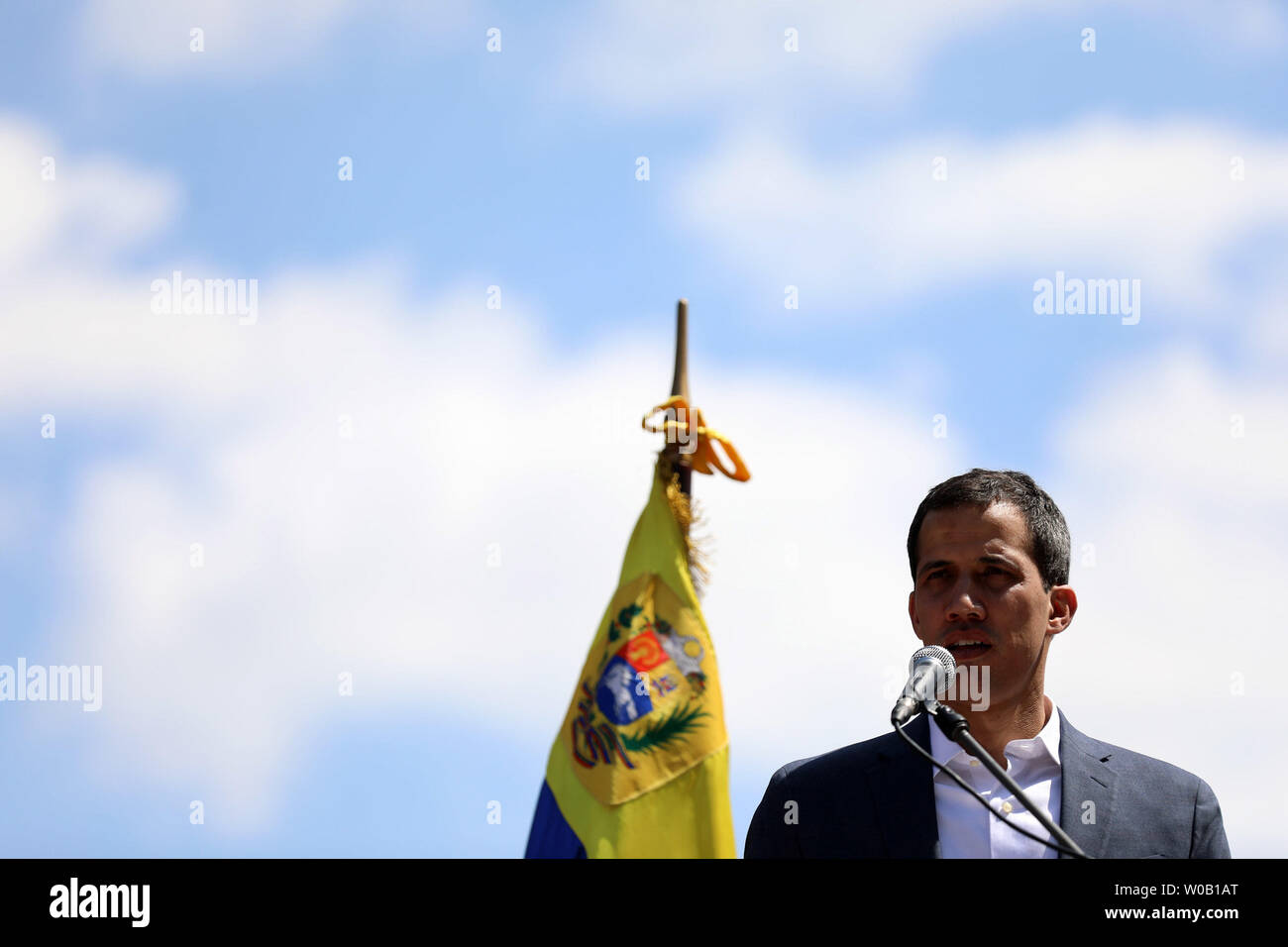 Opposition leader Juan Guaido speaks before thousands of supporters, in Caracas on February 2, 2019. Venezuelan protesters flowed into the streets of Caracas Saturday, with flags and placards, many to support opposition leader Juan Guaido's calls for democratic elections and others to back embattled President Nicolas Maduro.     Photo by Cristian Hernandez/UPI Stock Photo
