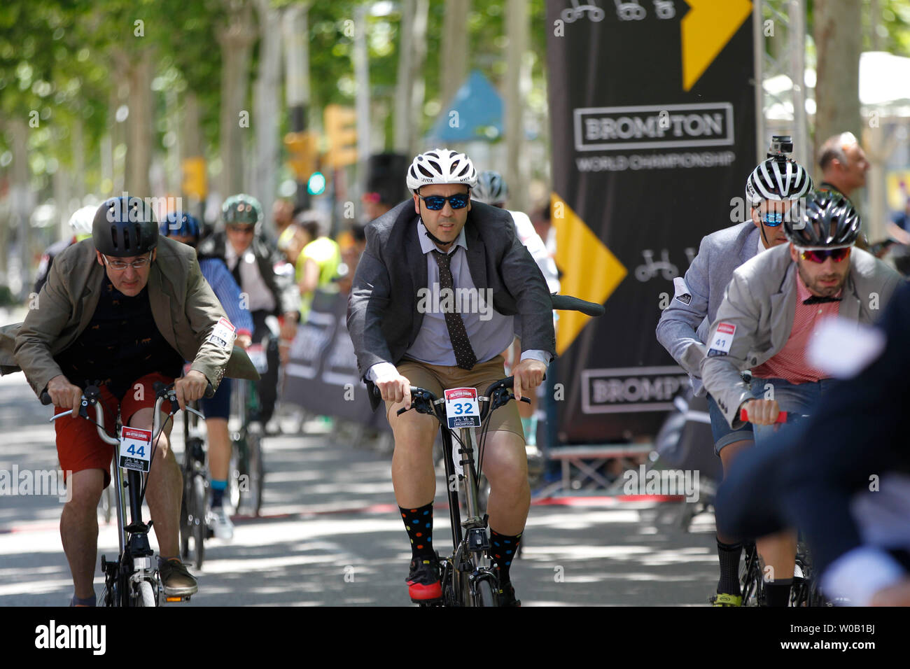 Spanish edition of the 2019 Brompton World Championship for folding bikes with a no lycra rule held during Sea Otter Bike festival in Girona, Spain Stock Photo