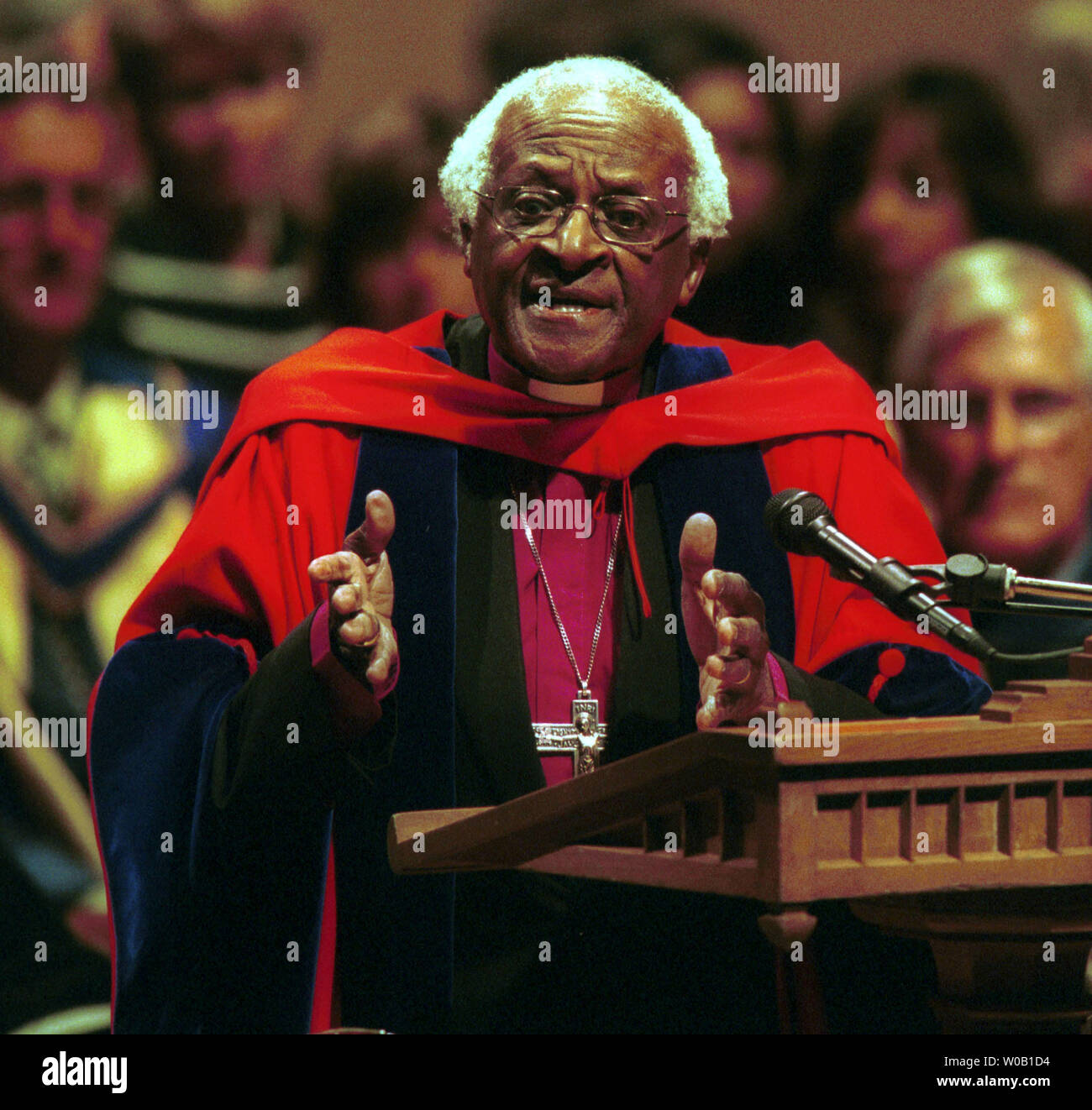 After receiving his University of British Columbia (UBC) Honorary Doctor of Laws Degree Archbishop Desmond Tutu gives a rousing talk to a select audience at the University's Chan Center for the Performing Arts in Vancouver, April 19,2004.  (UPI Photo/H. Ruckemann) Stock Photo