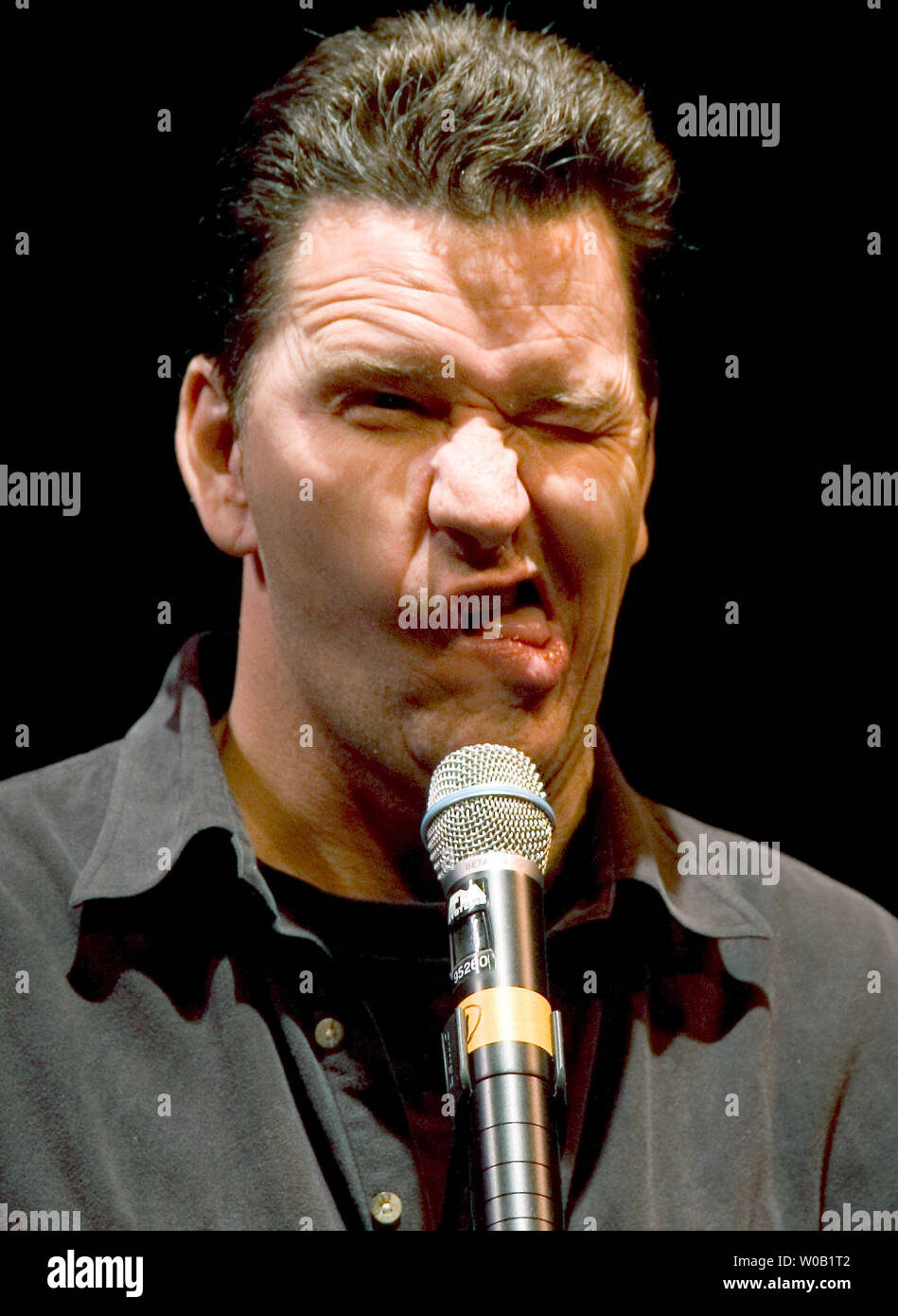 Comedian Stewart Francis performs during the first of two back-to-back sold out comedy shows hosted by the Trailer Park Boys at the Vogue Theater mainstage during the Vancouver International Comedy Festival, October 22, 2004.  (UPI Photo/Heinz Ruckemann) Stock Photo