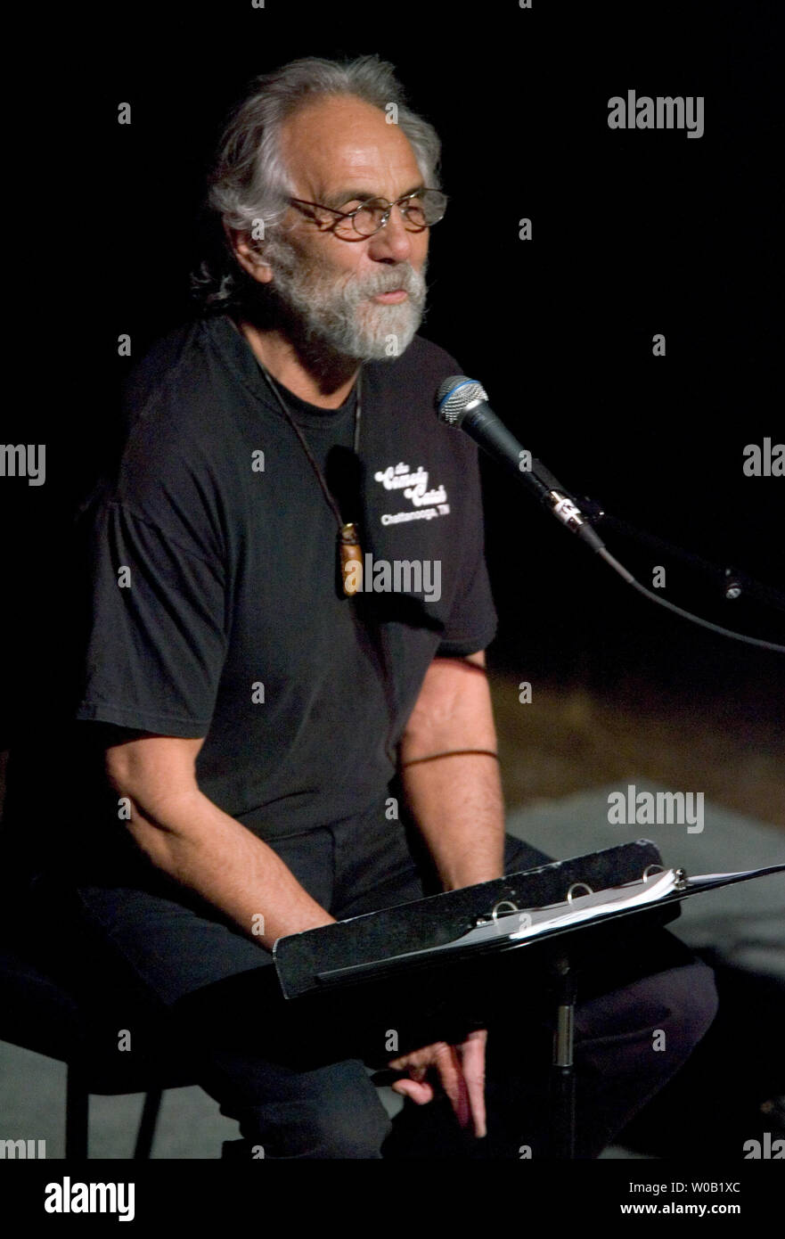 Tommy Chong stars in the popular Broadway play 'The Marijuana-Logues' opening it's North America Tour with two shows at Vancouver's Orpheum Theater, February 18, 2005. This is the first gig for 65 year-old Chong after his July release from prison where he served nine months upon pleading guilty to selling drug paraphenalia after being caught up in law enforcements 'operation pipe dreams.'   (UPI Photo / Heinz Ruckemann) Stock Photo