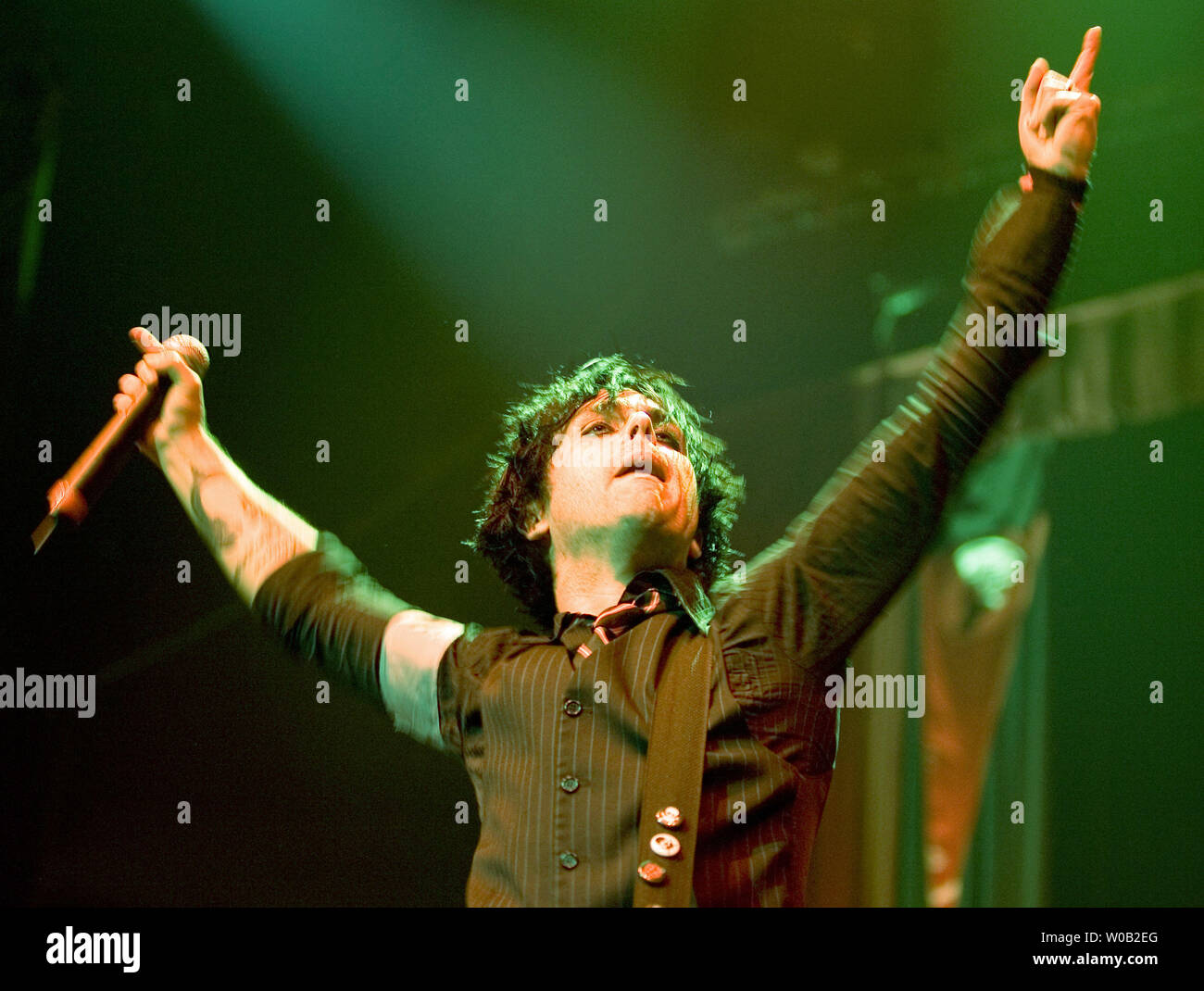 Lead singer Billie Joe Armstrong of the band Green Day performs at a sold out GM Place in Vancouver, British Columbia, September 27, 2005.  (UPI Photo/Heinz Ruckemann) Stock Photo