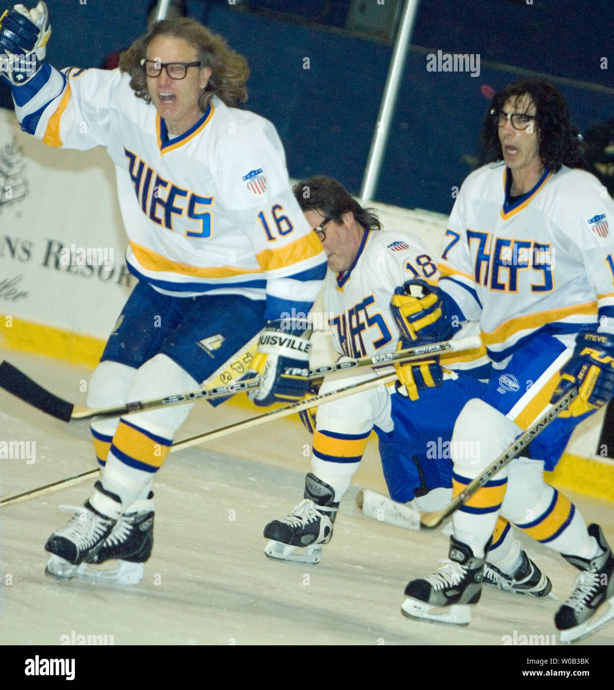 Stars of the Slapshot movies, the Hanson Brother's Dave Hanson #16, Jeff  Carlson and Steve Carlson score in the RE/MAX Sea to Sky Hockey Challenge  2006 at Vancouver's Pacific Agrodome, February 4,