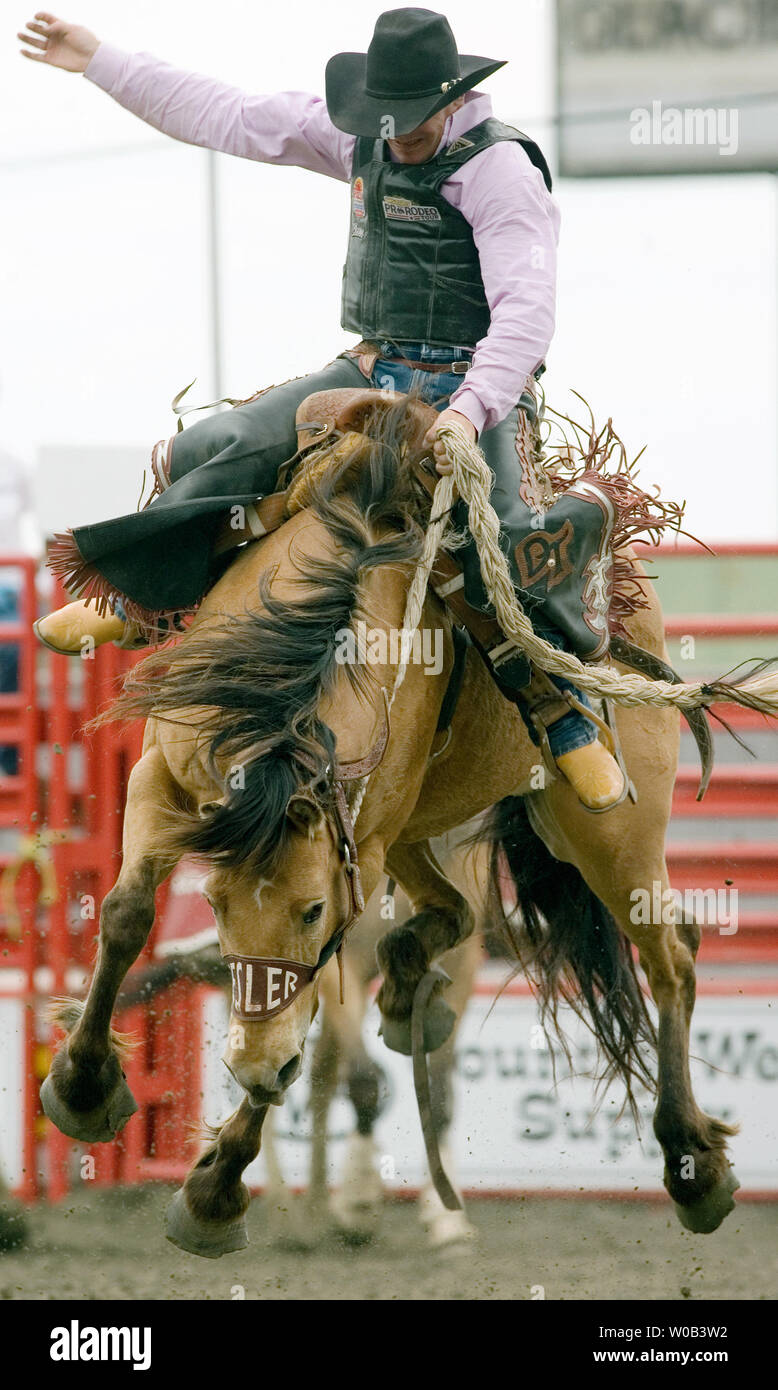 Dustin Thompson from Brooks, Alberta, rides Cool Moves in saddle bronc at the 60th annual Cloverdale Rodeo and Country Fair near Vancouver British Columbia, May 21, 2006. (UPI Photo/Heinz Ruckemann) Stock Photo