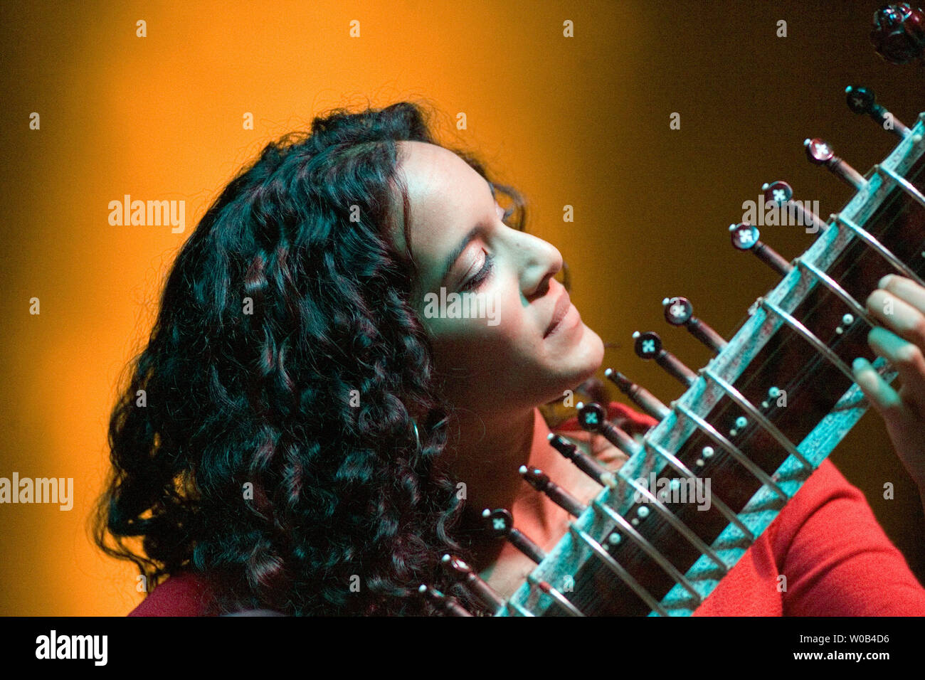 Anoushka Shankar prepares for her evening concert for Festival Vancouver at the University of British Columbia Chan Center in Vancouver, August 10, 2006.  (UPI Photo/Heinz Ruckemann) Stock Photo