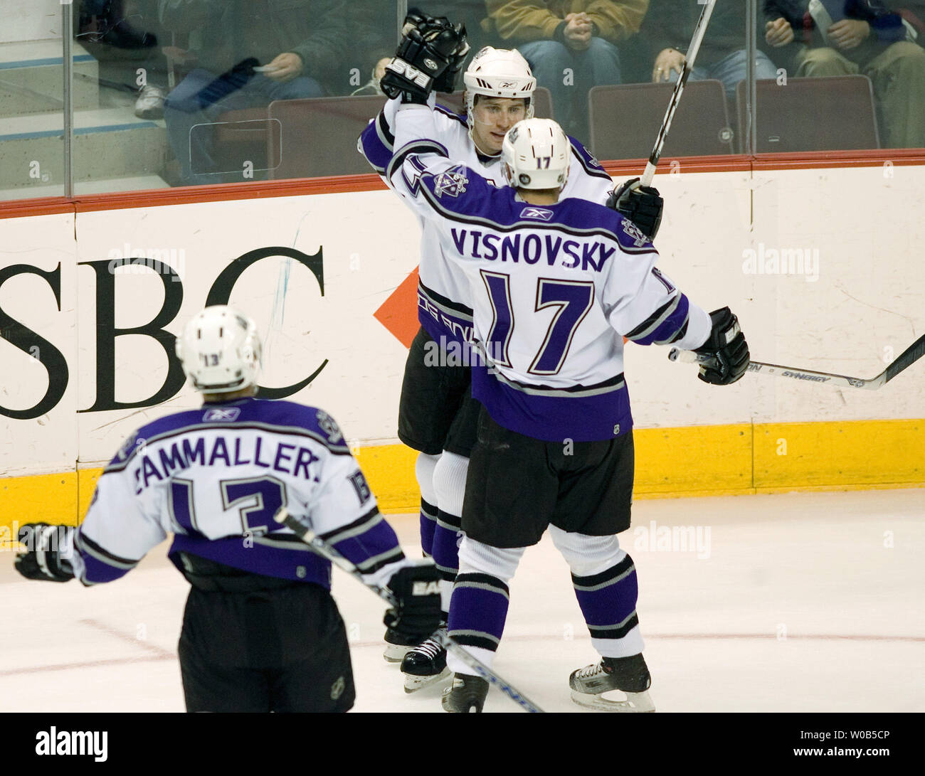Los Angeles Kings Alexander Frolov celebrates scoring against the Vancouver Canucks with teammates Lubomir Visnovsky #17 and Michael Cammalleri #13 during the first period at Vancouver's GM Place, January 26, 2007. Kings won 3-2. (UPI Photo/Heinz Ruckemann) Stock Photo