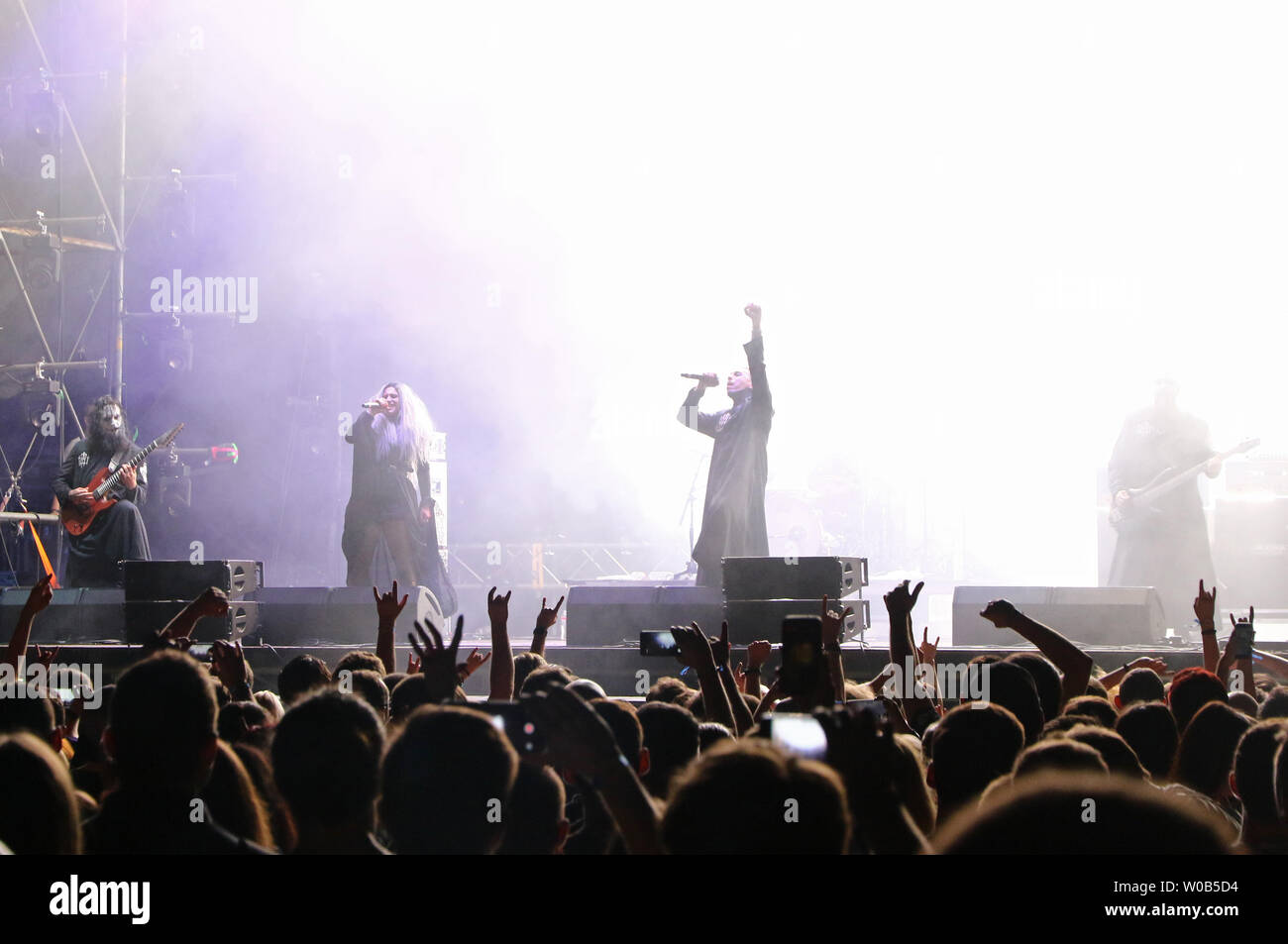 Kyiv, Ukraine - July 8, 2018: Lacuna Coil, Italian gothic metal rock band performs live at the Atlas Weekend Festival in National Expocenter in Kyiv Stock Photo