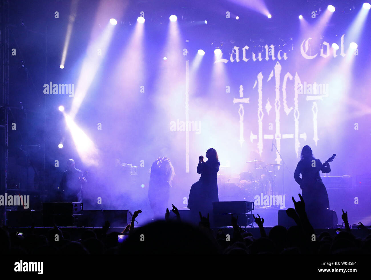 Kyiv, Ukraine - July 8, 2018: Lacuna Coil, Italian gothic metal rock band performs live at the Atlas Weekend Festival in National Expocenter in Kyiv Stock Photo