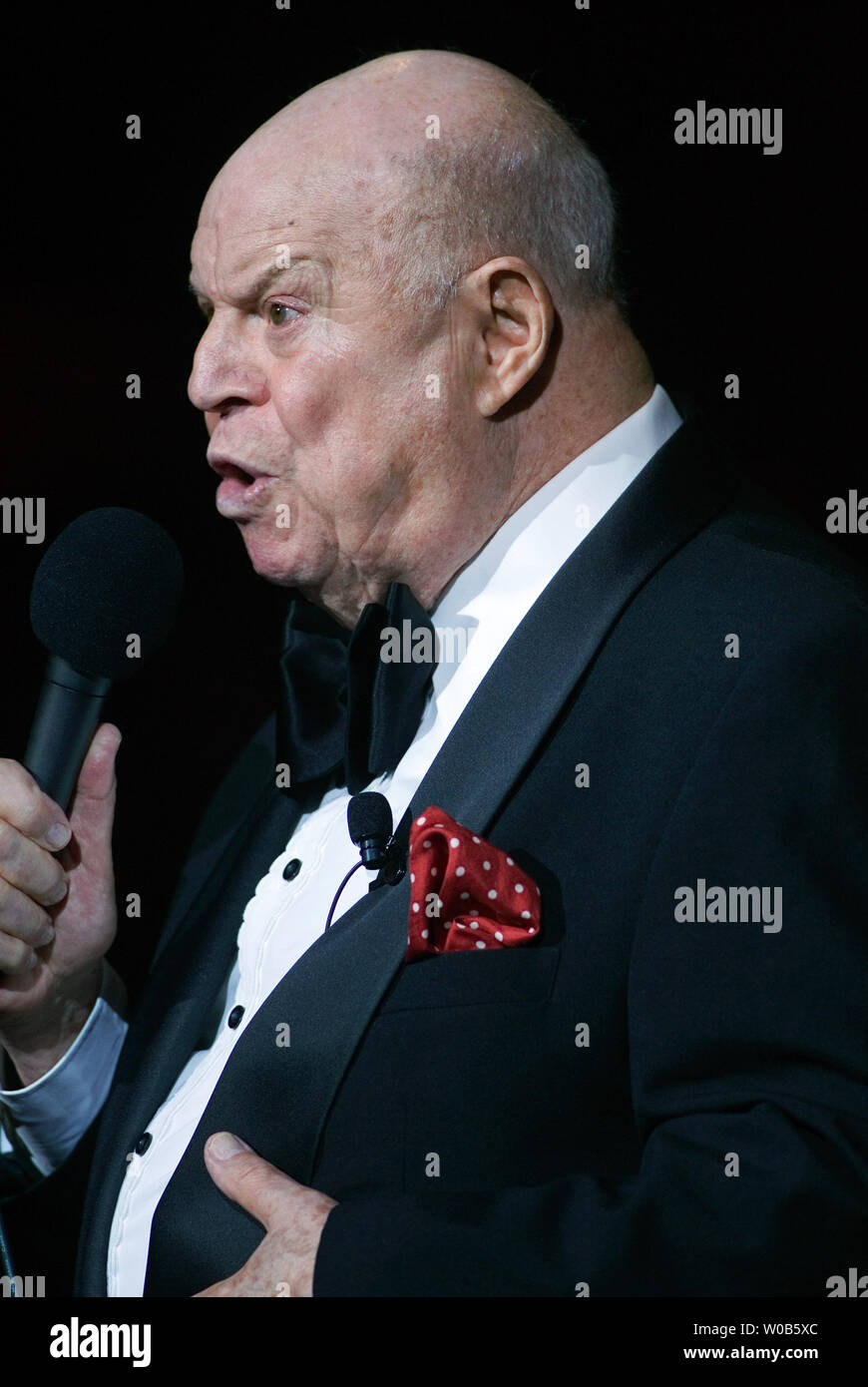 Actor and comedian Don Rickles performs during a show at the Boulevard Casino near Vancouver, British Columbia, April 6, 2007.  Rickles will do a second show tomorrow night at the River Rock Casino.  (UPI Photo/Heinz Ruckemann) Stock Photo