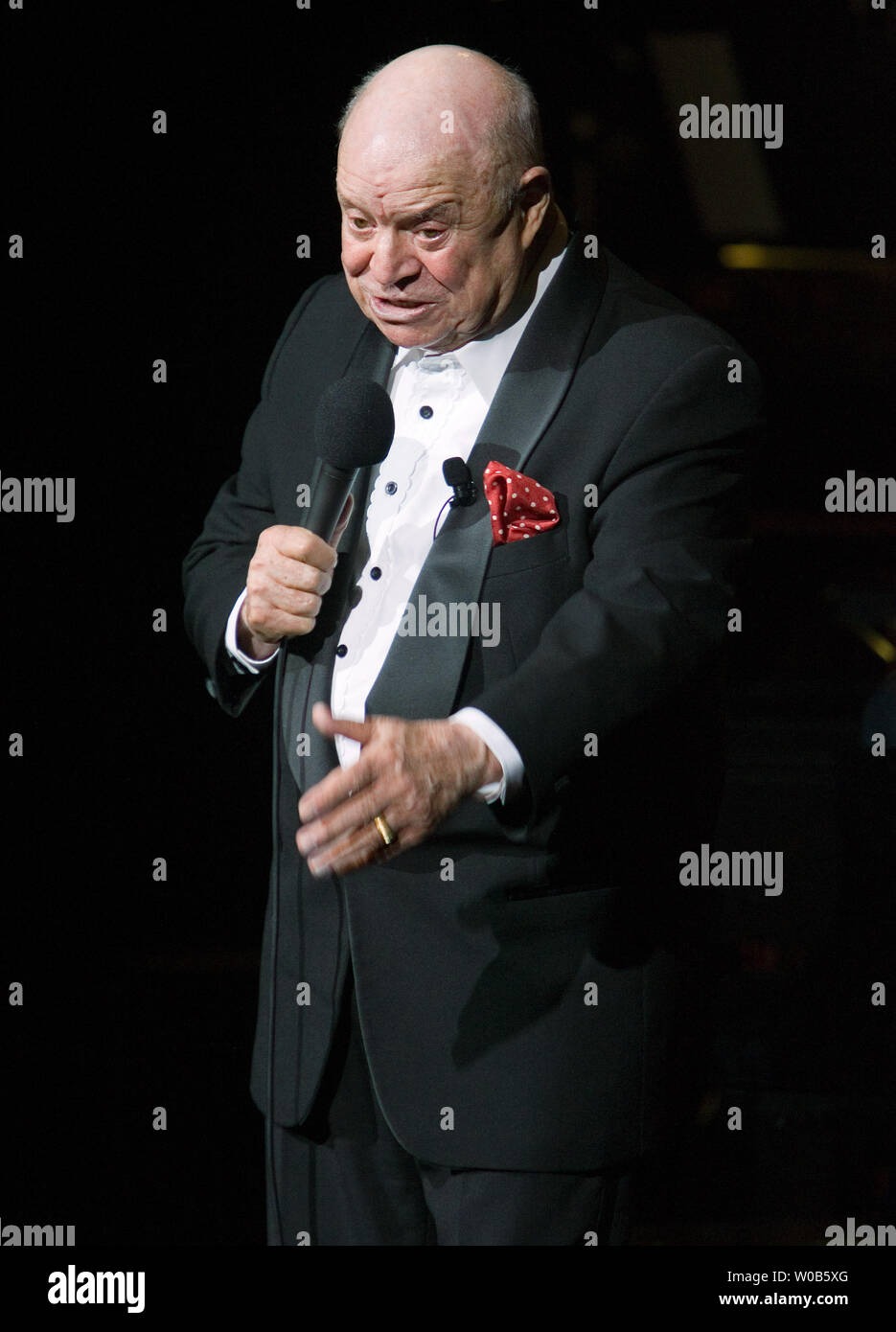 Actor and comedian Don Rickles performs during a show at the Boulevard Casino near Vancouver, British Columbia, April 6, 2007. Rickles will do a second show tomorrow night at the River Rock Casino.  (UPI Photo/Heinz Ruckemann) Stock Photo