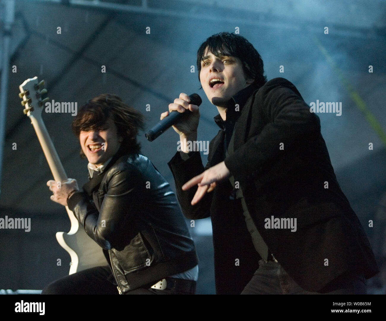 Lead singer Gerard Way (R) and guitarist Frank Iero perform with their band My Chemical Romance at the inaugural Virgin Rock Festival at the University of British Columbia's Thunderbird Stadium in Vancouver, British Columbia, May 20, 2007. (UPI Photo/Heinz Ruckemann) Stock Photo