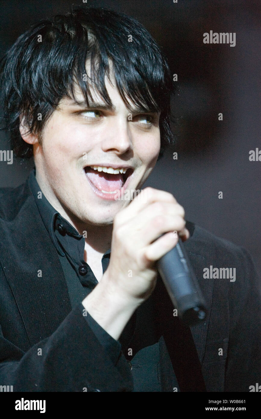 Lead singer Gerard Way performs with his band My Chemical Romance at the  inaugural Virgin Rock Festival at the University of British Columbia's  Thunderbird Stadium in Vancouver, British Columbia, May 20, 2007. (