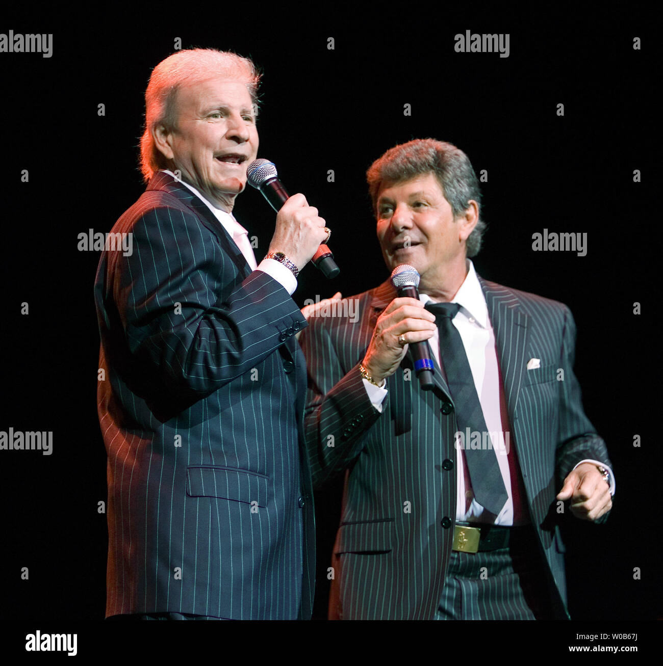 Frankie Avalon (R) and Bobby Rydell perform during a sold out show at ...