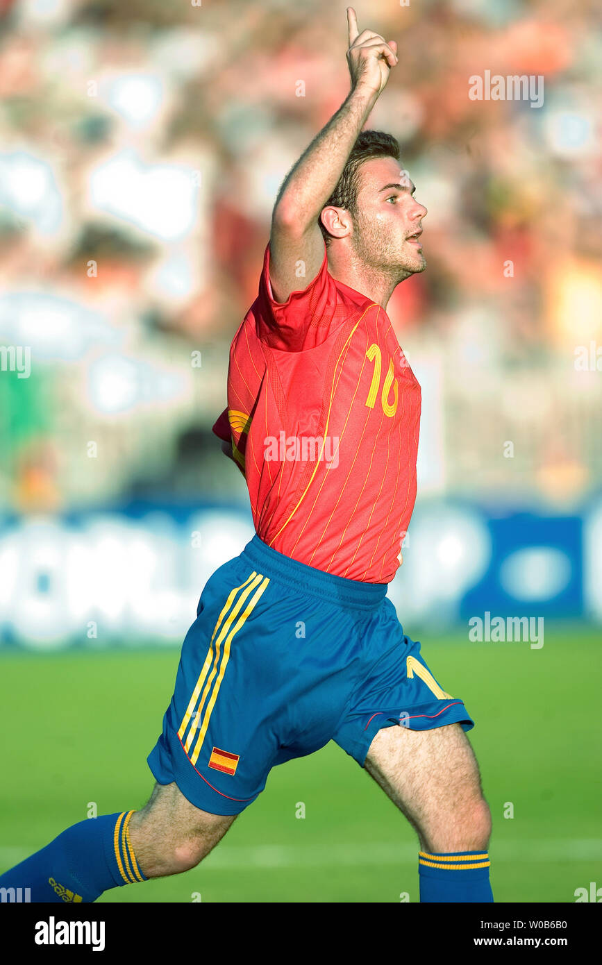 Spain's Juan Manuel Mata celebrates scoring his team's second goal against Zambia during the first half of a 2007 FIFA U-20 World Cup soccer match at Swangard stadium in Burnaby, British Columbia on July 4, 2007.  (UPI Photo/Heinz Ruckemann) Stock Photo
