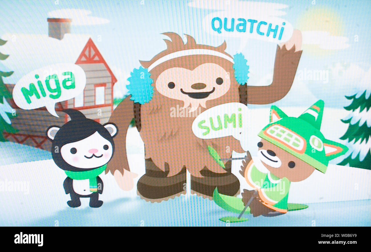 The 2010 Winter Olympic Mascots Miga (L), Quatchi and Sumi (R) are unveiled in Surrey near Vancouver, British Columbia, November 27, 2007. Miga is a sea bear which according to First Nations legend is an orca whale which can turn into the rare white Kermode bear only found in British Columbia. Quatchi is a sasquatch described in many West Coast First Nations stories but rarely seen. Sumi is an animal gaurdian spirit who wears the hat of an orca, has the strong leags of the black bear and flies with the wings of the great thunderbird.  (UPI Photo/Heinz Ruckemann) Stock Photo