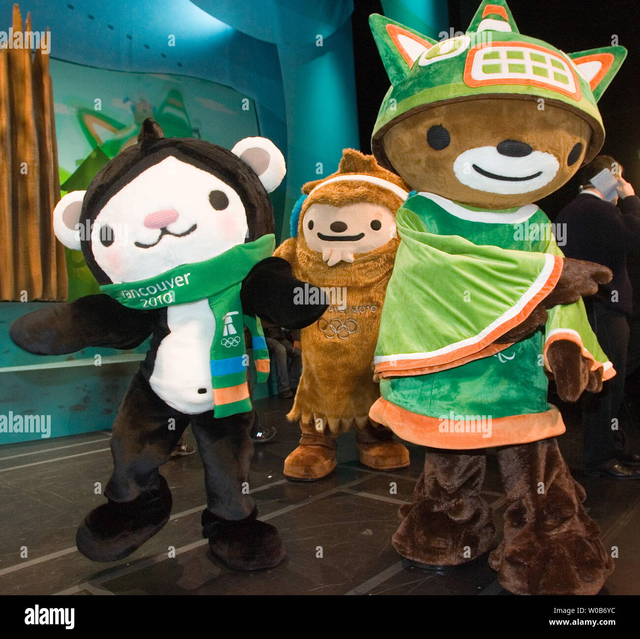 The 2010 Winter Olympic Mascots Miga (L), Quatchi and Sumi (R) are unveiled in Surrey near Vancouver, British Columbia, November 27, 2007. Miga is a sea bear which according to First Nations legend is an orca whale which can turn into the rare white Kermode bear only found in British Columbia. Quatchi is a sasquatch described in many West Coast First Nations stories but rarely seen. Sumi is an animal gaurdian spirit who wears the hat of an orca, has the strong leags of the black bear and flies with the wings of the great thunderbird.  (UPI Photo/Heinz Ruckemann) Stock Photo