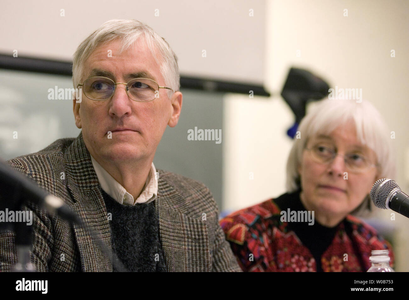 Rachel Corrie's parents Craig (L) and Cindy from Olympia, Washington are guests at Simon Fraser University Harbor Centre in Vancouver British Columbia, February 3, 2008, where they discuss the play 'My Name Is Rachel Corrie' about their daughter who was crushed to death by an Israeli Defense Forces bulldozer in the Gaza strip March 2003 while volunteering with the International Solidarity Movement. The 70-minute one woman show compiled and edited by actor Alan Rickman and Gaurdian journalist Katharine Viner successfully premiered at the Royal Court in London and is being performed in Montreal Stock Photo