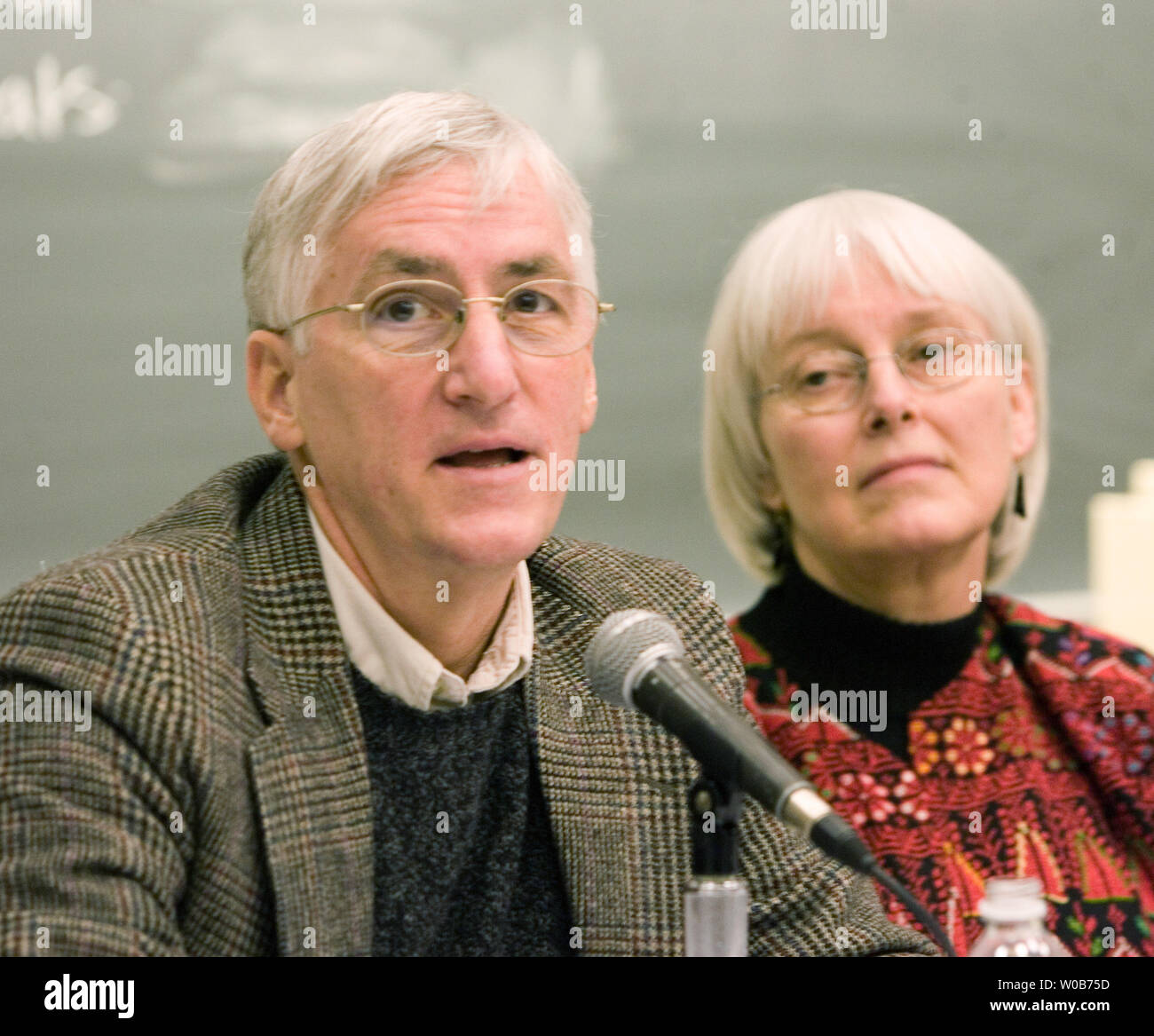 Rachel Corrie's parents Craig (L) and Cindy from Olympia, Washington are guests at Simon Fraser University Harbor Centre in Vancouver British Columbia, February 3, 2008, where they discuss the play 'My Name Is Rachel Corrie' about their daughter who was crushed to death by an Israeli Defense Forces bulldozer in the Gaza strip March 2003 while volunteering with the International Solidarity Movement. The 70-minute one woman show compiled and edited by actor Alan Rickman and Gaurdian journalist Katharine Viner successfully premiered at the Royal Court in London and is being performed in Montreal Stock Photo