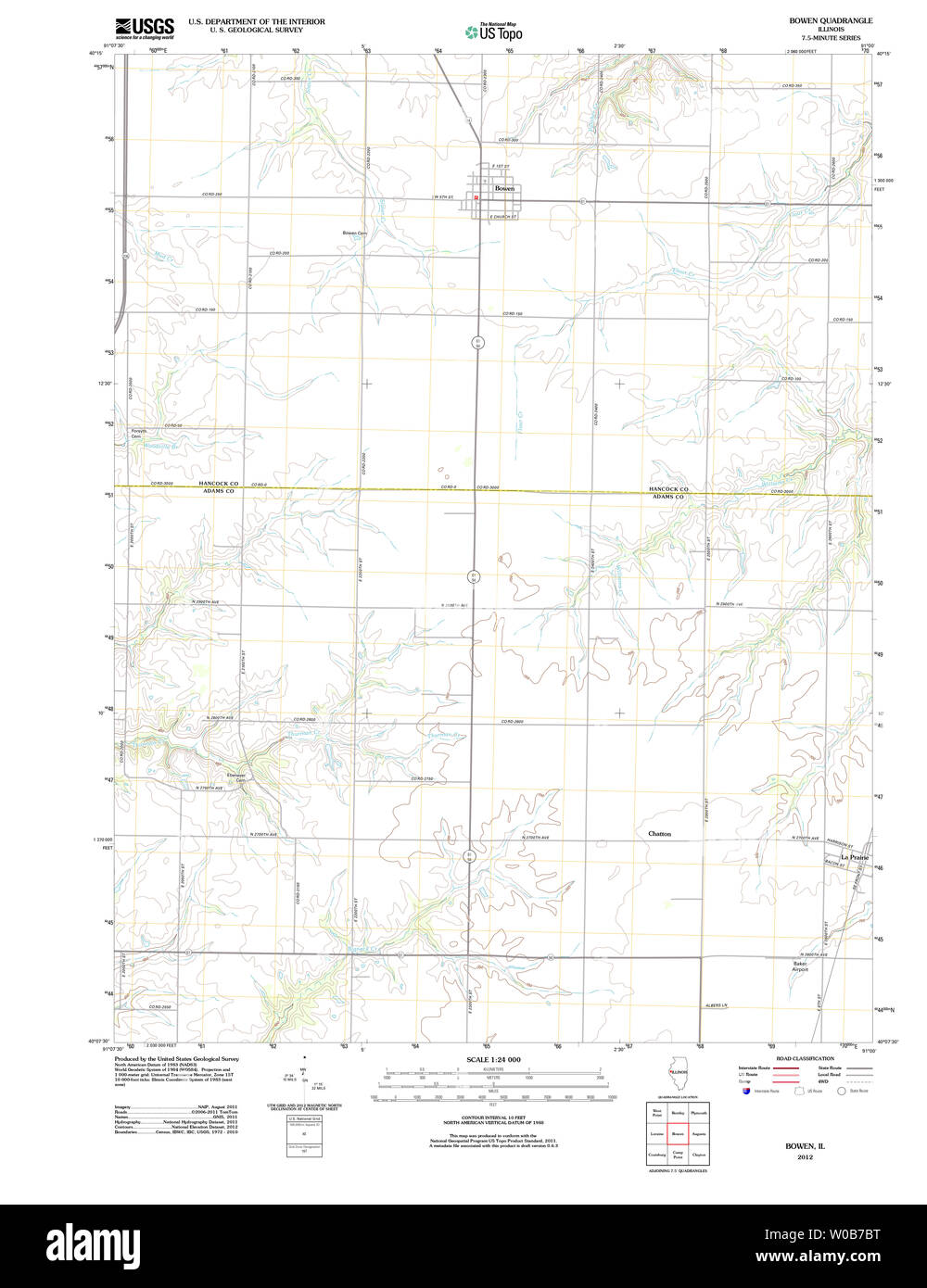 USGS TOPO Map Illinois IL Bowen 20120807 TM Restoration Stock Photo