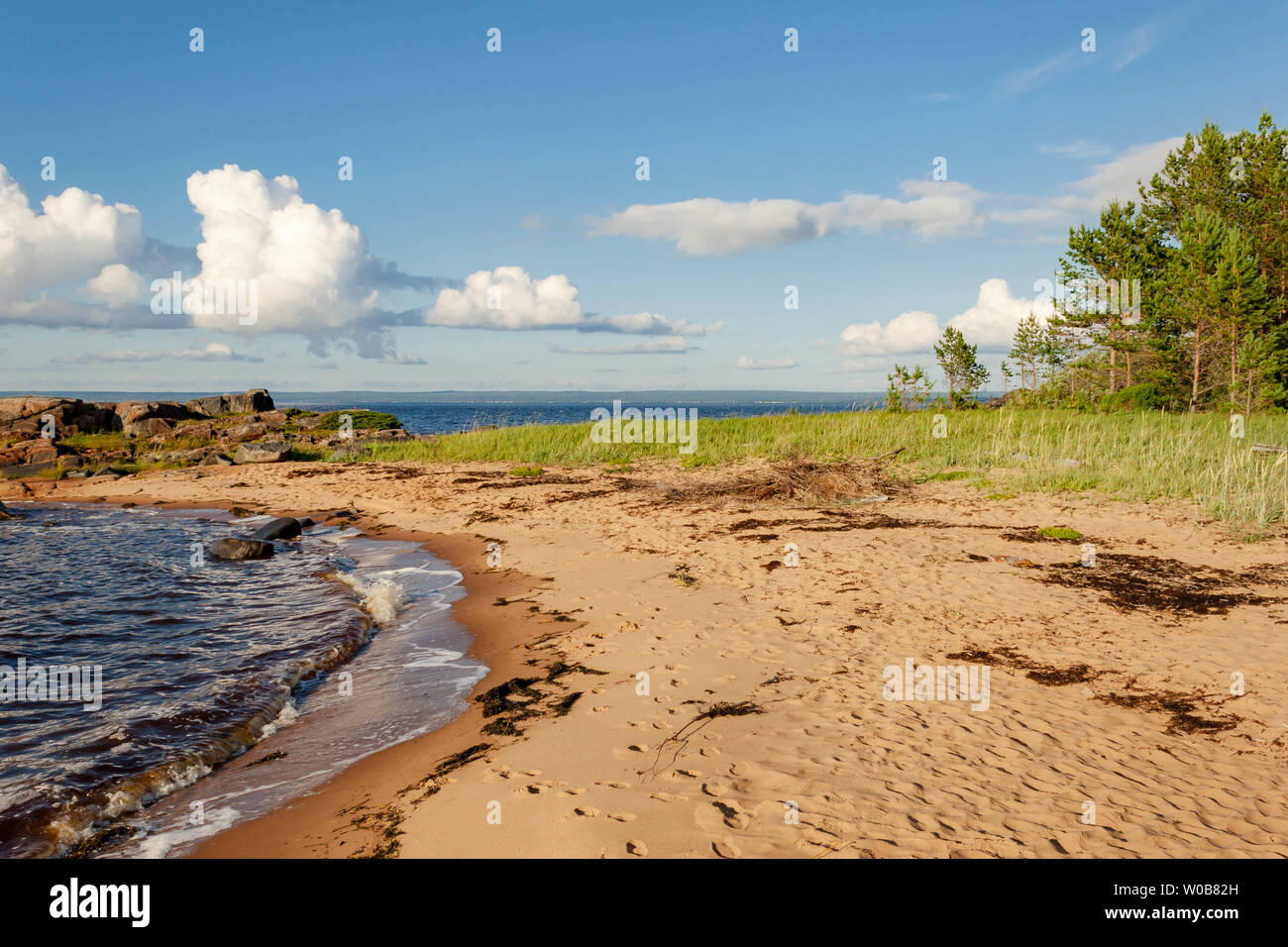 View of sea shore on Kiy island in the Onega Bay of the White Sea in Arkhangelsk region Russia. Concept of privacy desolation beautiful nature. Stock Photo