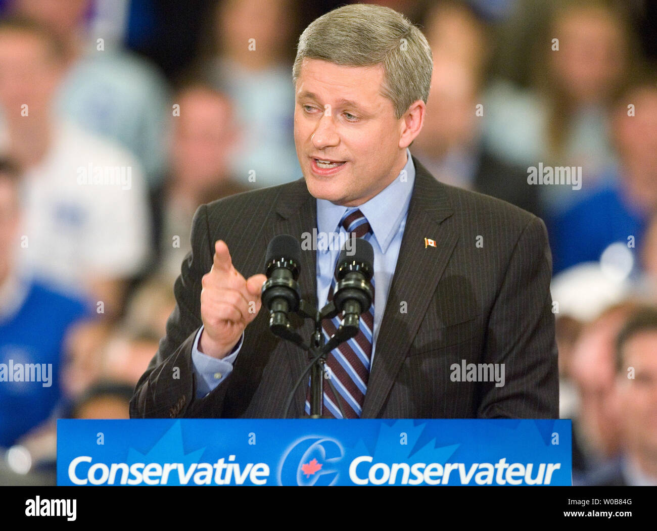 Federal Conservative leader Prime Minister Stephen Harper speaks to supporters in Vancouver, British Columbia, during a federal election campaign stop October 8, 2008.   (UPI Photo/Heinz Ruckemann) Stock Photo