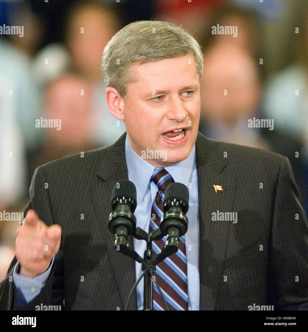 Federal Conservative leader Prime Minister Stephen Harper speaks to supporters in Vancouver, British Columbia, during a federal election campaign stop October 8, 2008.   (UPI Photo/Heinz Ruckemann) Stock Photo