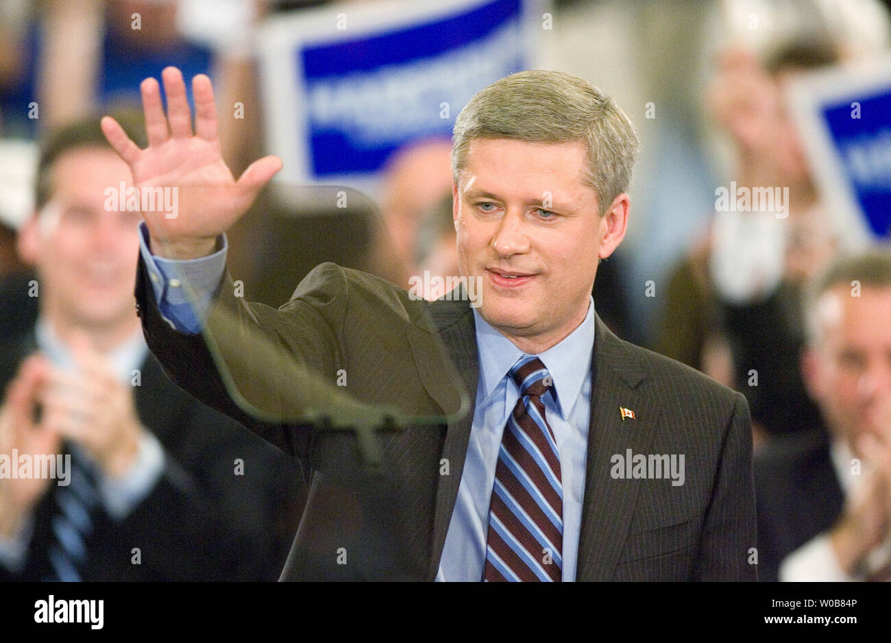 Federal Conservative leader Prime Minister Stephen Harper speaks to supporters in Vancouver, British Columbia, during a federal election campaign stop October 8, 2008.   (UPI Photo/Heinz Ruckemann) Stock Photo