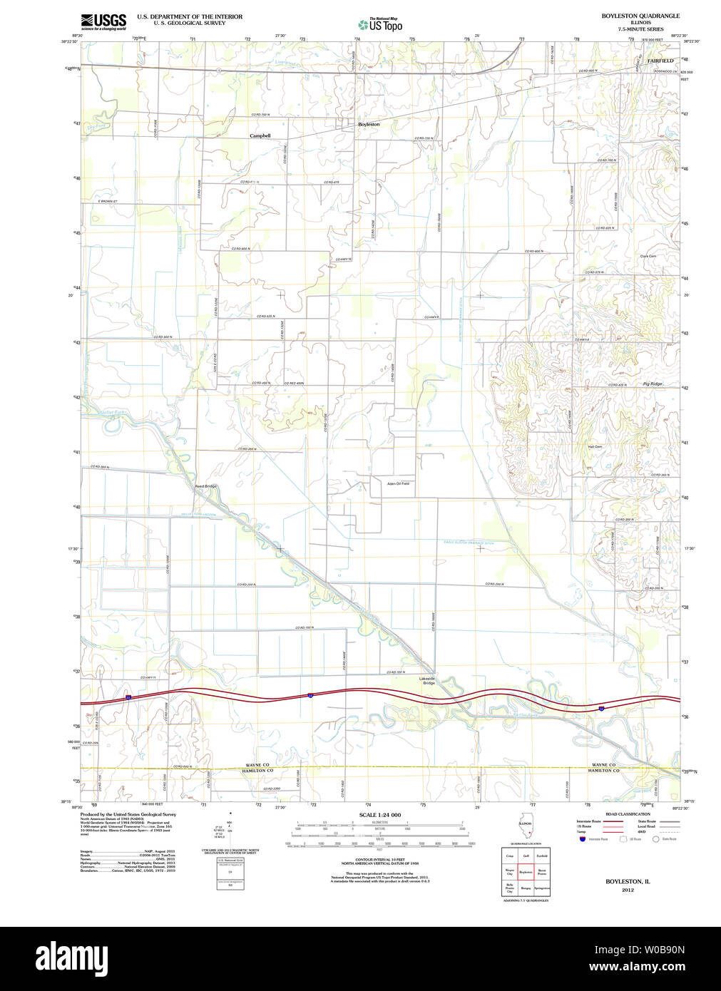 USGS TOPO Map Illinois IL Boyleston 20120807 TM Restoration Stock Photo