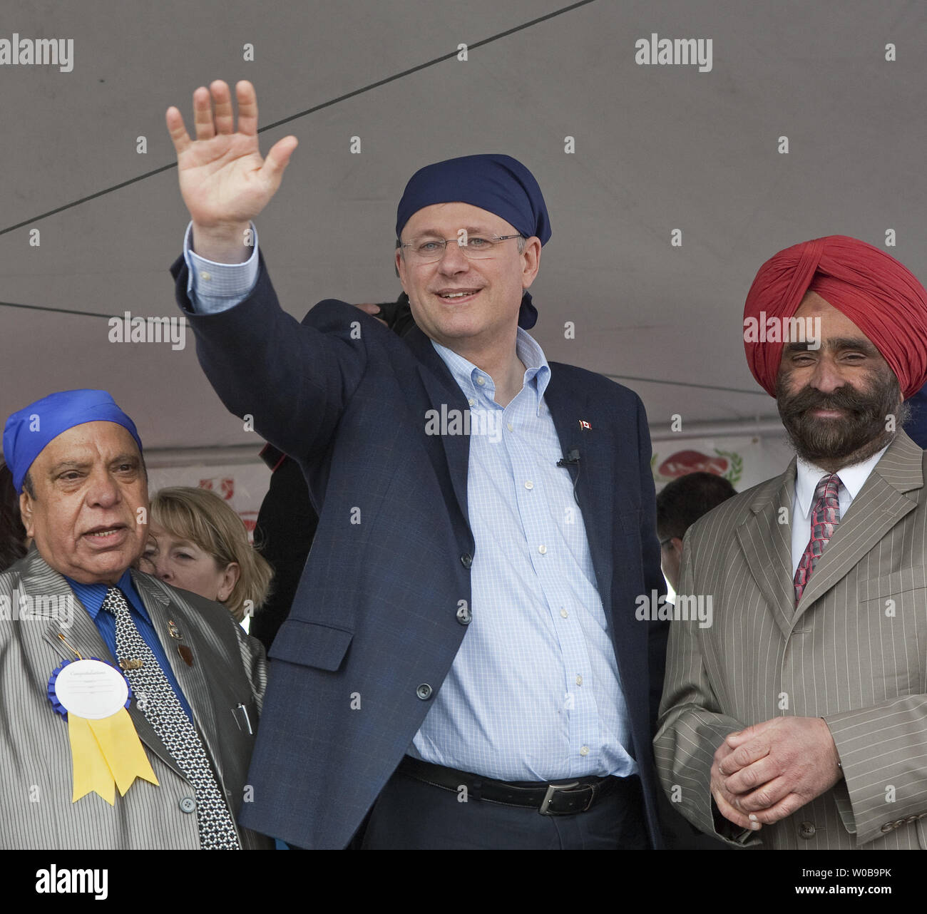 Laureen, the wife of Canada's Conservative Prime Minister Stephen Harper  gets off the campaign bus to join her husband as they visit Vaisaikhi  celebrations on a 2011 Federal Election Campaign stop in