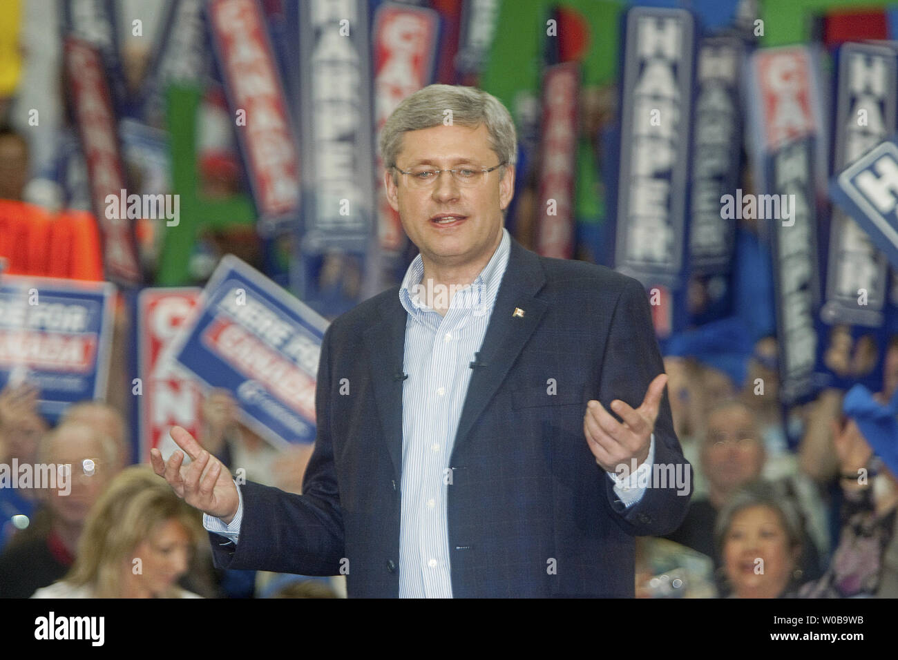 Conservative Party leader Stephen Harper ends his 2011 federal election campaign, speaking to supporters at the Rally in the Valley in Abbotsford near Vancouver, British Columbia on the evening of May 1, 2011. Voters go to the polls tomorrow.  UPI/Heinz Ruckemann Stock Photo