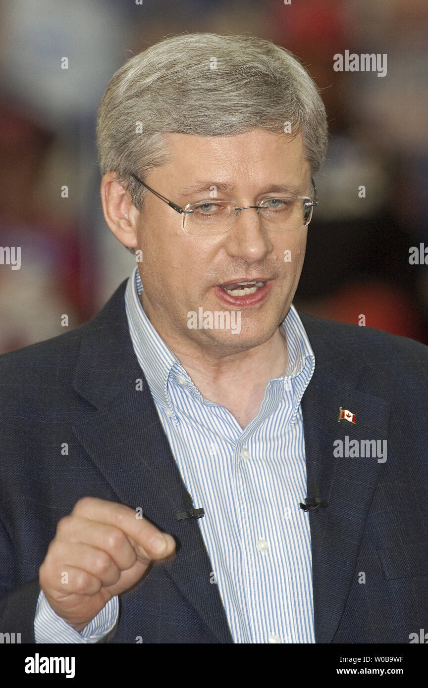 Conservative Party leader Stephen Harper ends his 2011 federal election campaign, speaking to supporters at the Rally in the Valley in Abbotsford near Vancouver, British Columbia on the evening of May 1, 2011. Voters go to the polls tomorrow.  UPI/Heinz Ruckemann Stock Photo