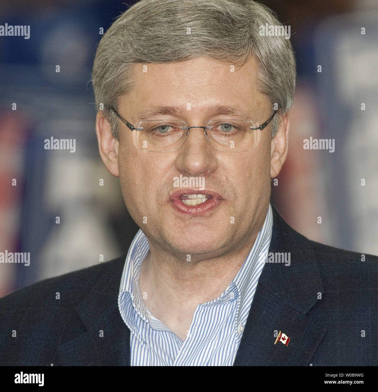 Conservative Party leader Stephen Harper ends his 2011 federal election campaign, speaking to supporters at the Rally in the Valley in Abbotsford near Vancouver, British Columbia on the evening of May 1, 2011. Voters go to the polls tomorrow.  UPI/Heinz Ruckemann Stock Photo